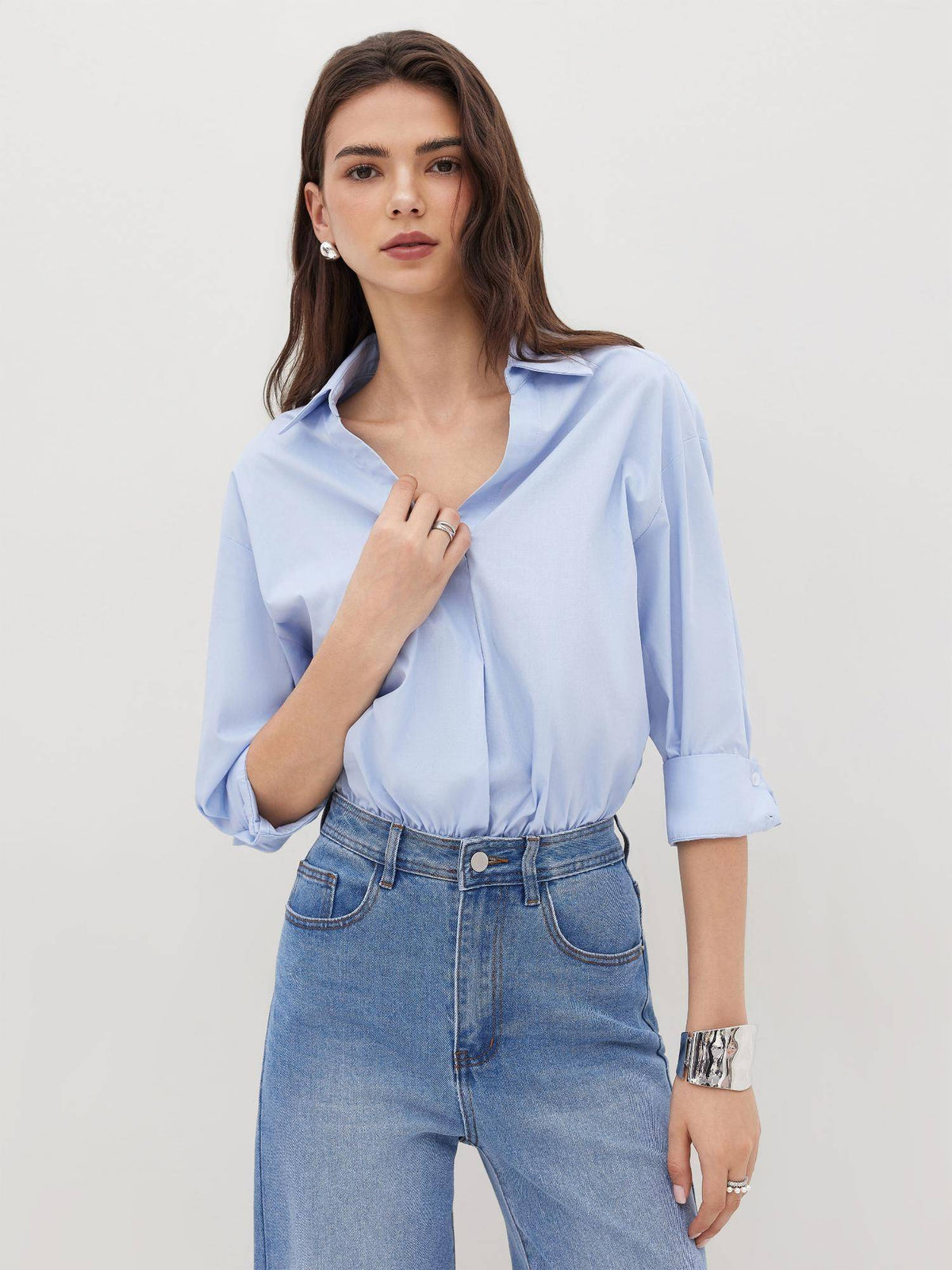 100% Cotton Collar Roll-up Sleeve Shirt Bodysuit | CI9 - view 5