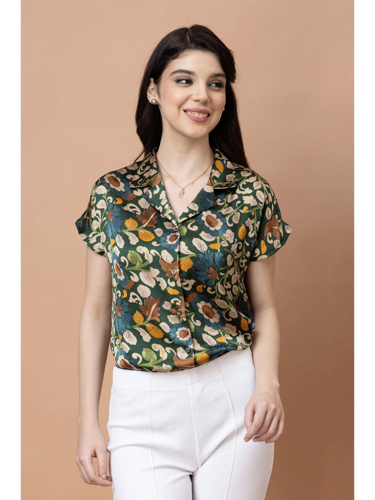 Green and Beige Cuban Collar Floral Printed Satin Shirt | S67 - view 1