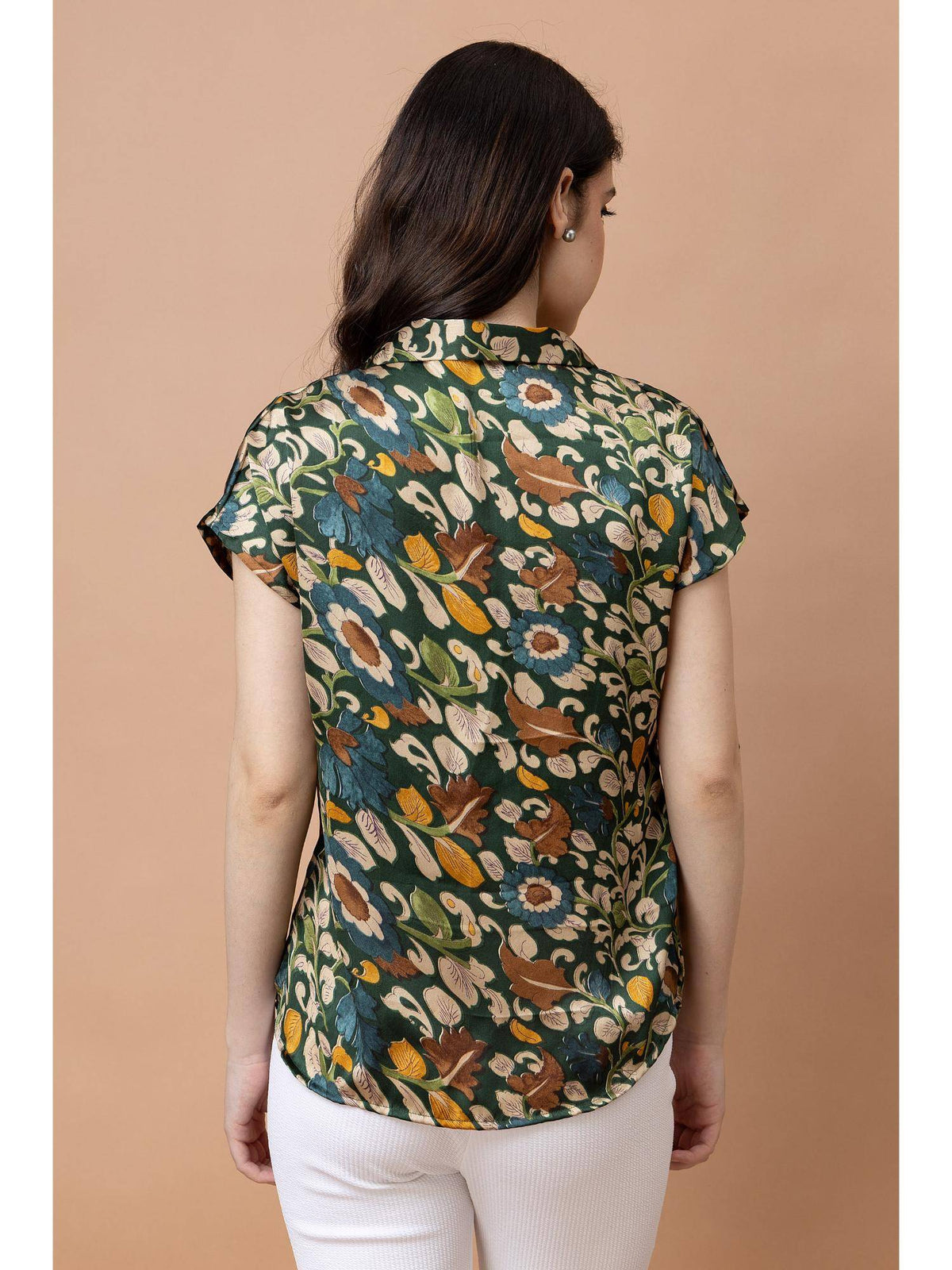Green and Beige Cuban Collar Floral Printed Satin Shirt | S67 - view 2