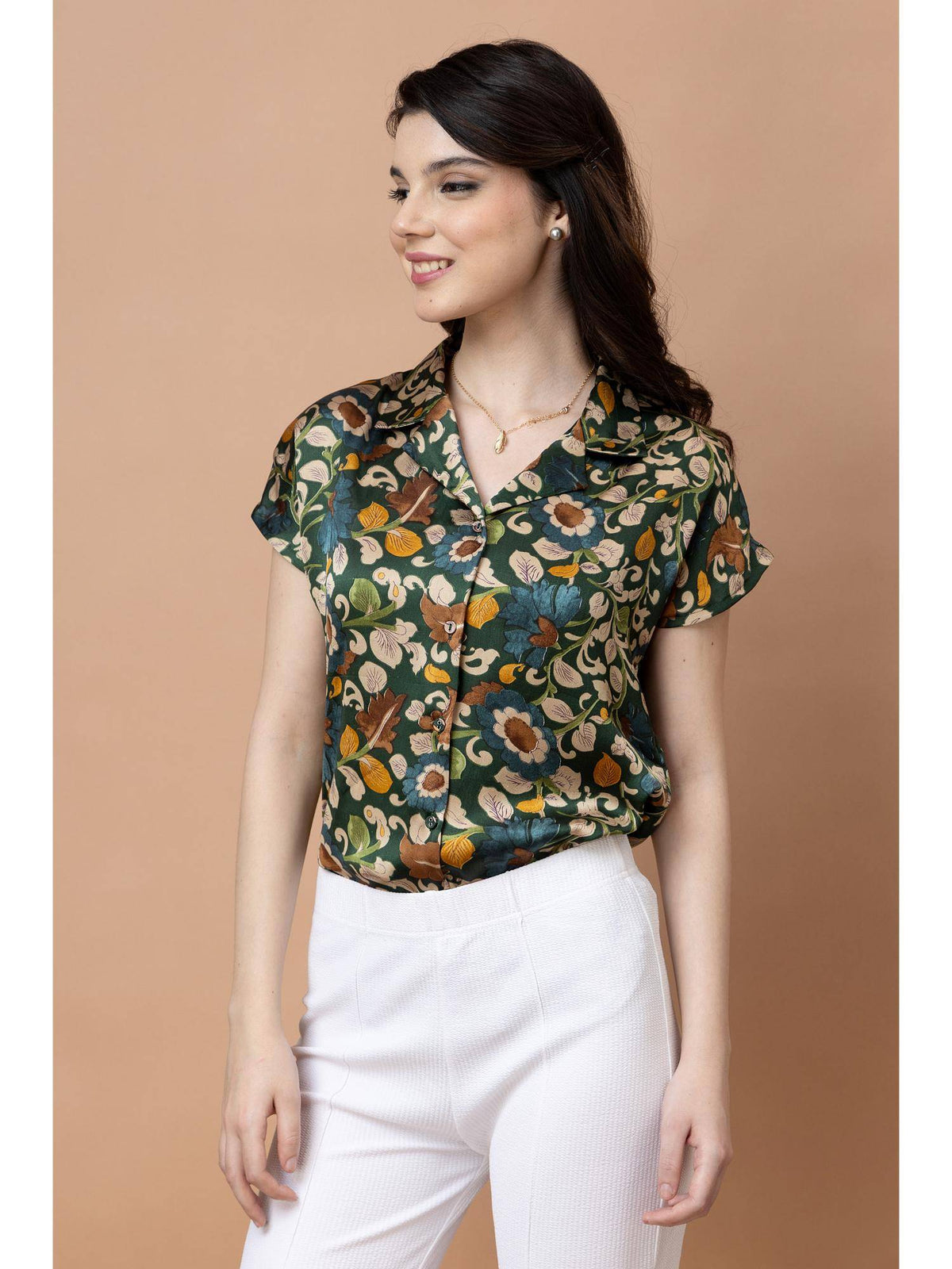 Green and Beige Cuban Collar Floral Printed Satin Shirt | S67 - view 3