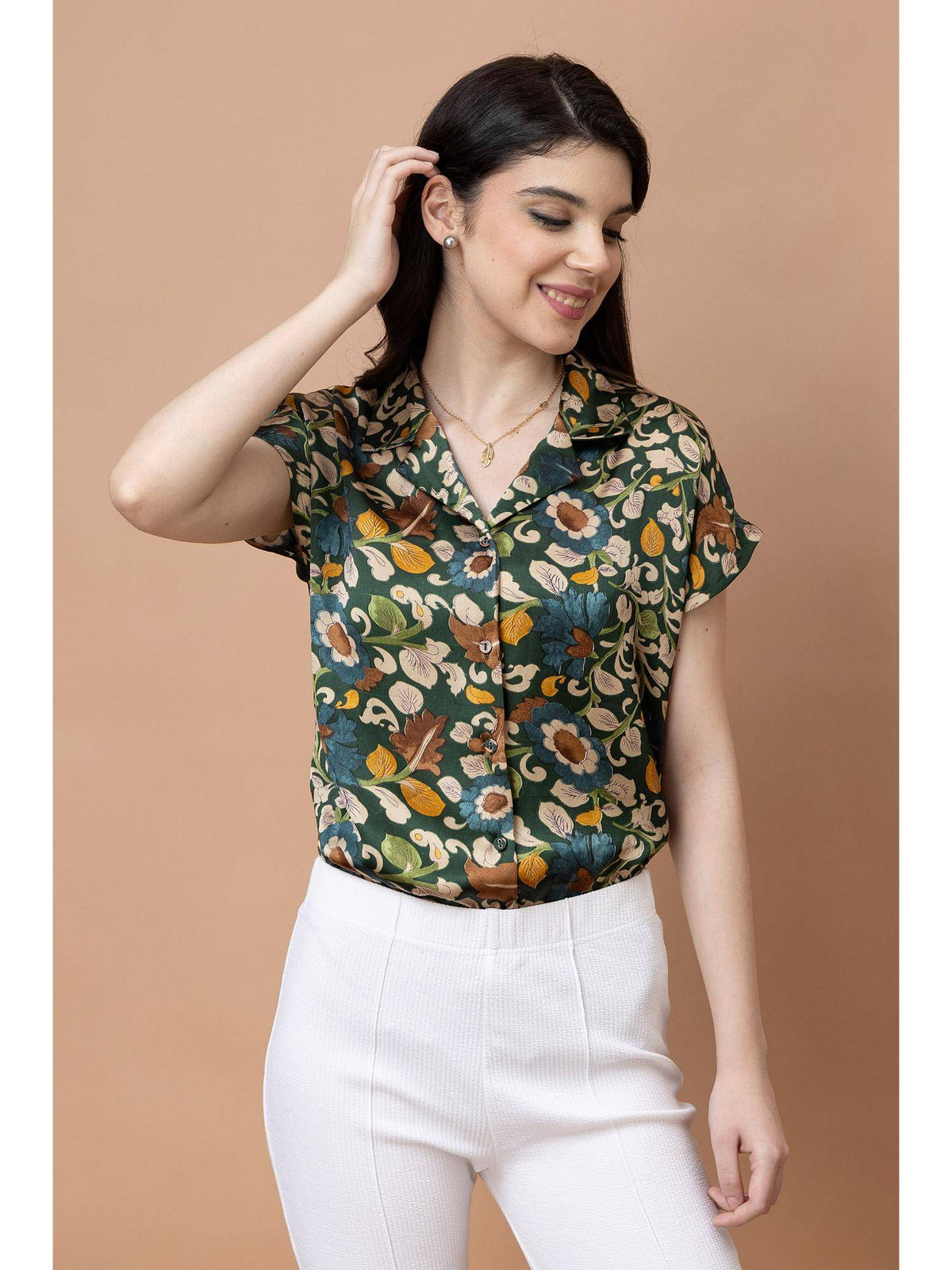 Green and Beige Cuban Collar Floral Printed Satin Shirt | S67 - view 4