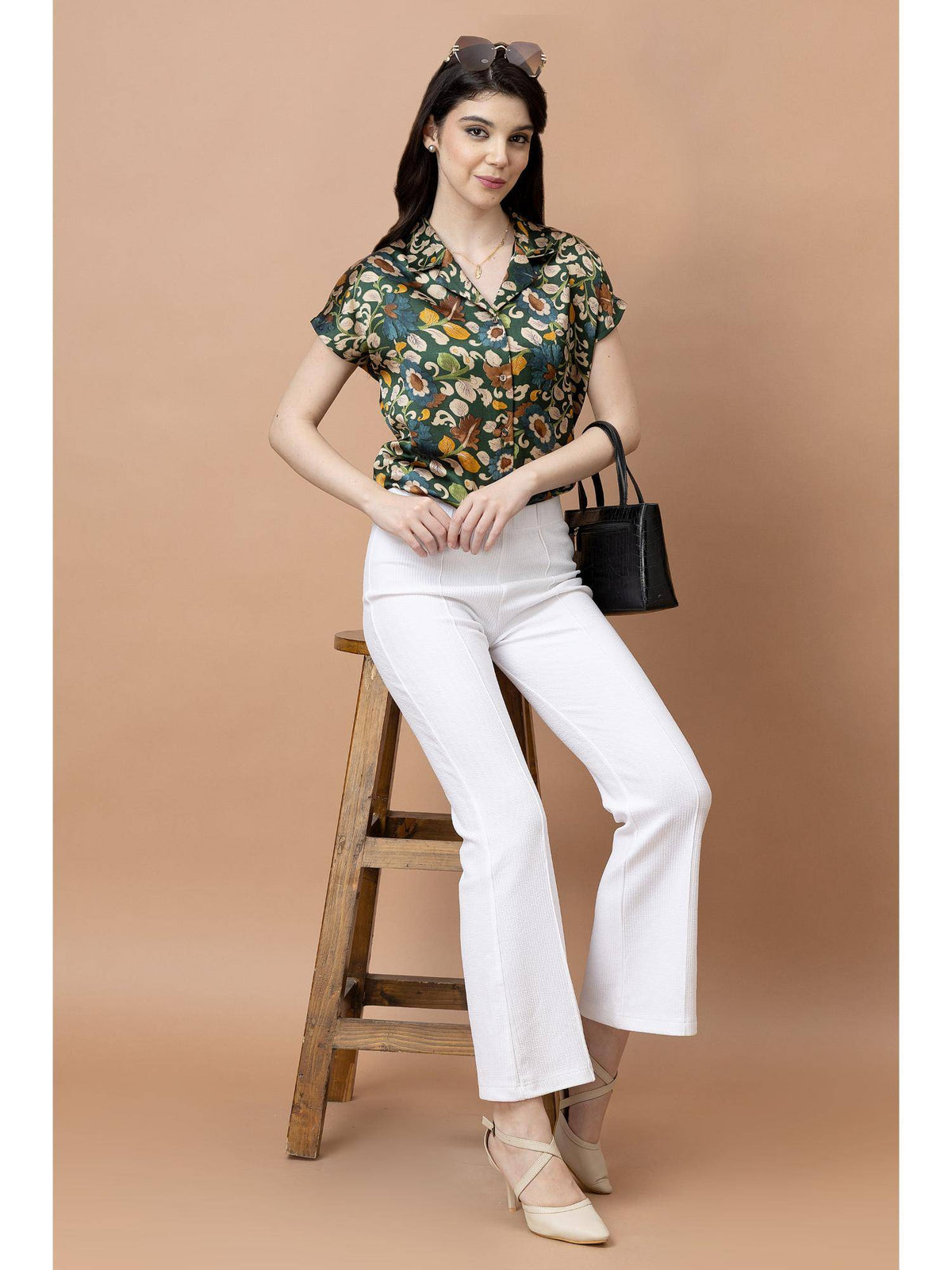Green and Beige Cuban Collar Floral Printed Satin Shirt | S67 - view 5