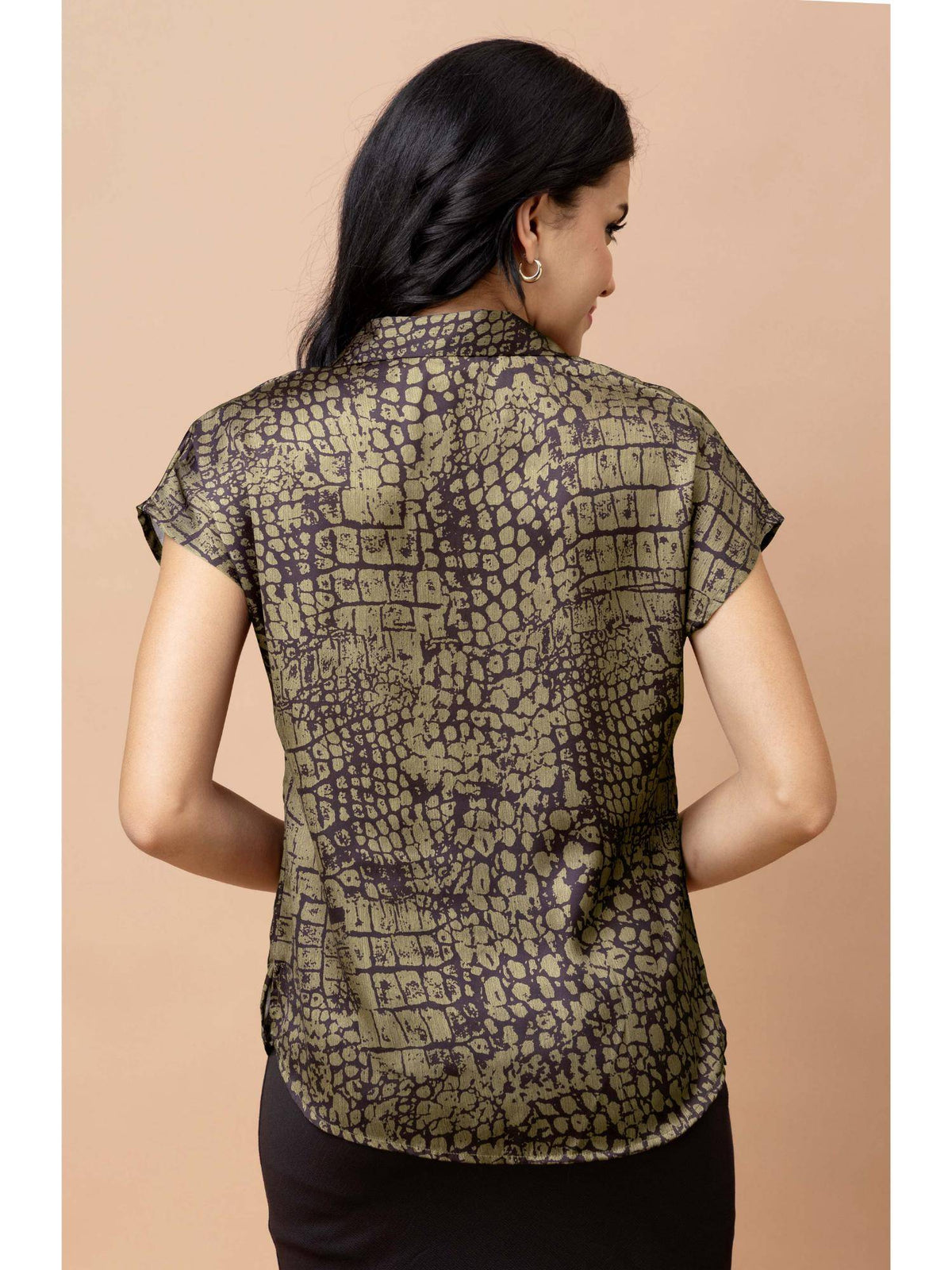 Olive Green Animal Printed Cuban Collar Satin Shirt | S67 - view 2