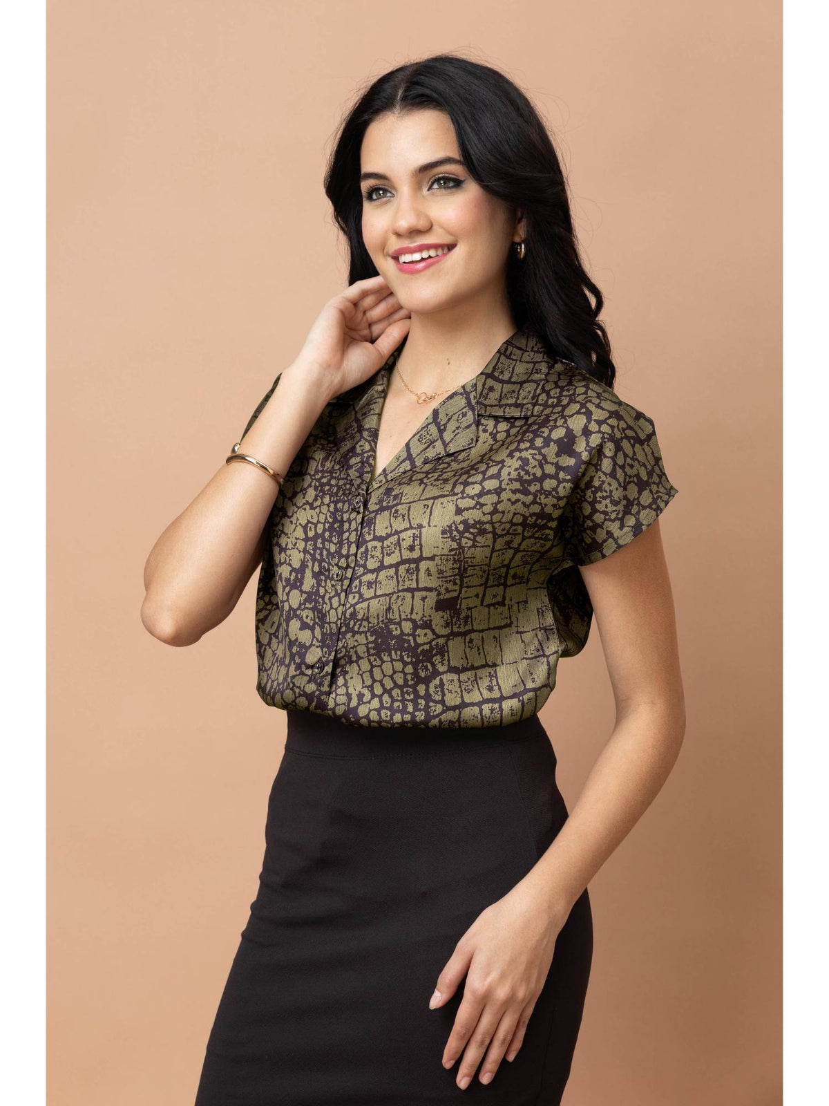 Olive Green Animal Printed Cuban Collar Satin Shirt | S67 - view 3