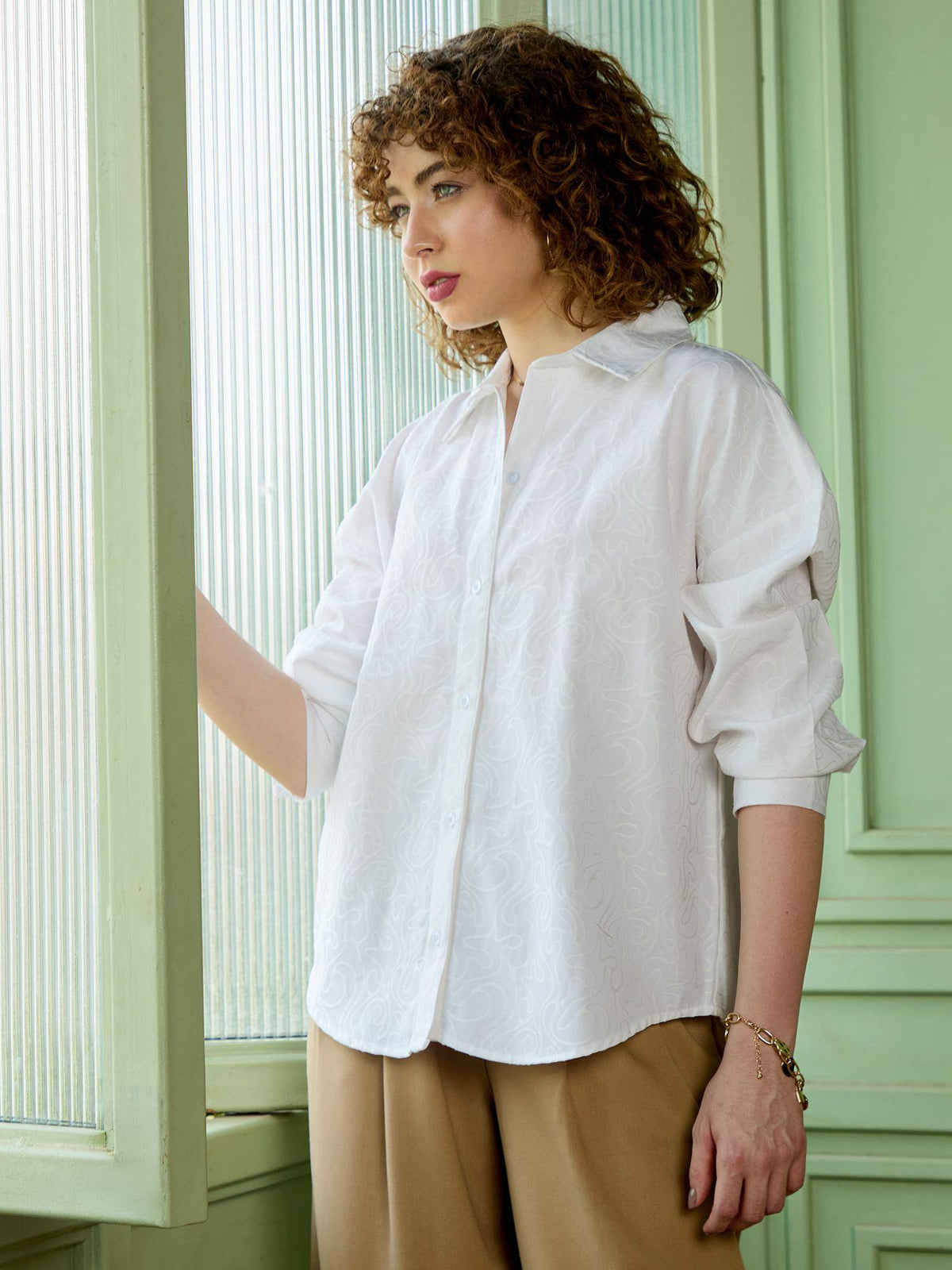 White Self-Textured Full Sleeve Relaxed Casual Shirt | S67 - view 4