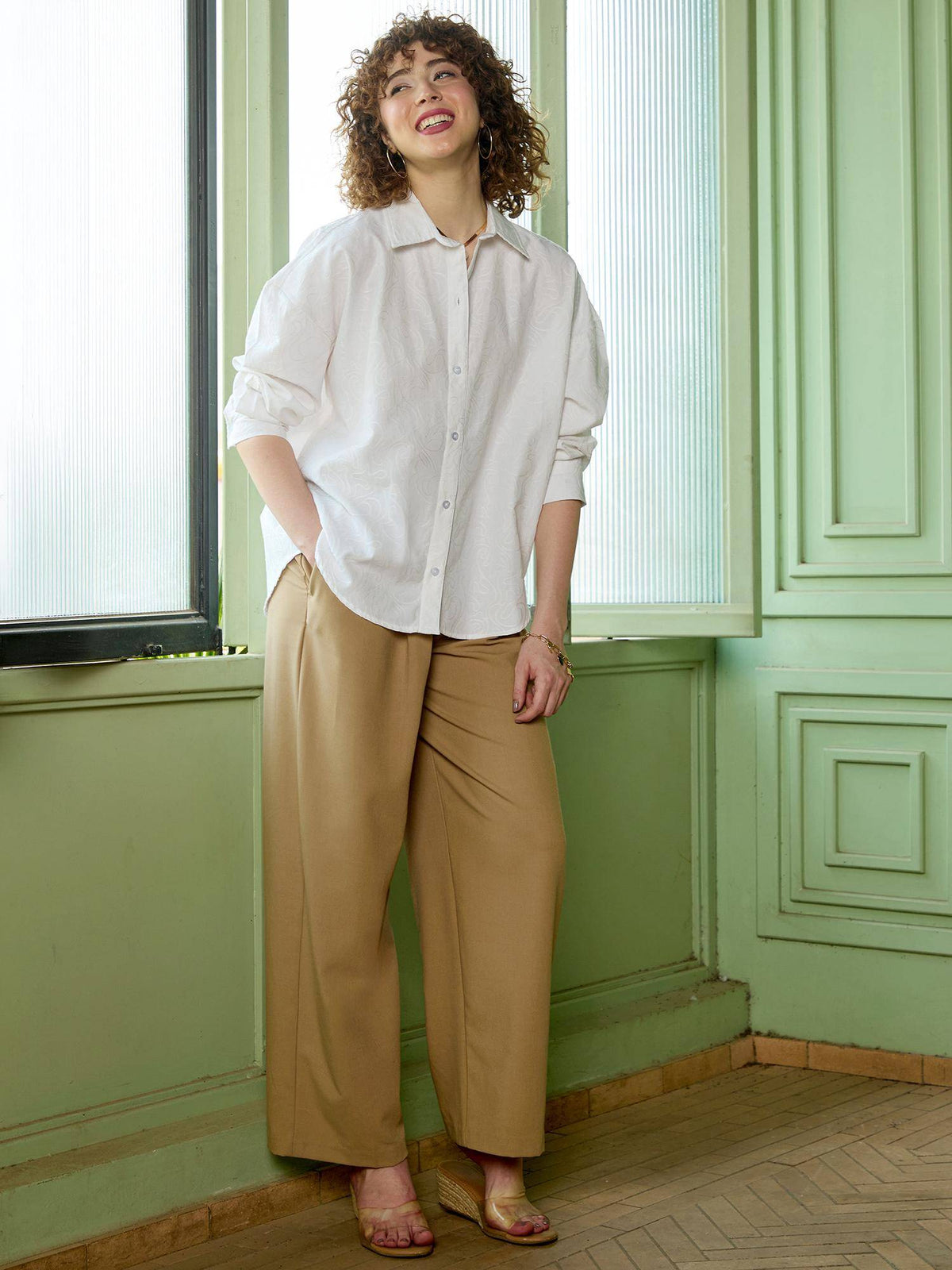 White Self-Textured Full Sleeve Relaxed Casual Shirt | S67 - view 5