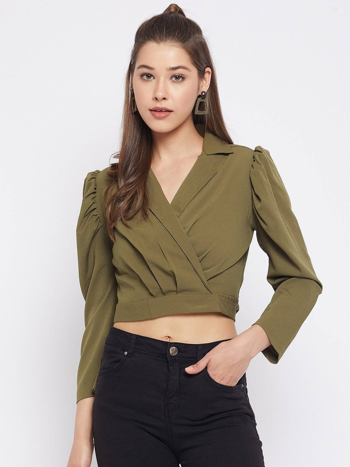 Women Olive Green Lapel Collar Wrap Tie Back Crop Top | CT61 - view 1