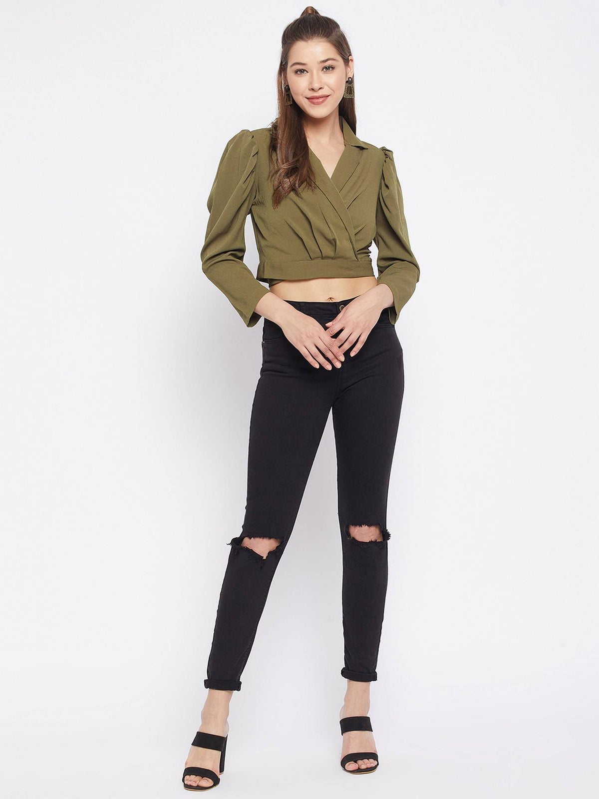 Women Olive Green Lapel Collar Wrap Tie Back Crop Top | CT61 - view 2
