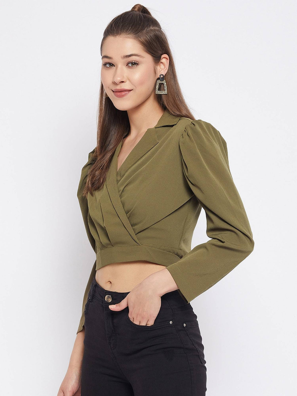 Women Olive Green Lapel Collar Wrap Tie Back Crop Top | CT61 - view 3