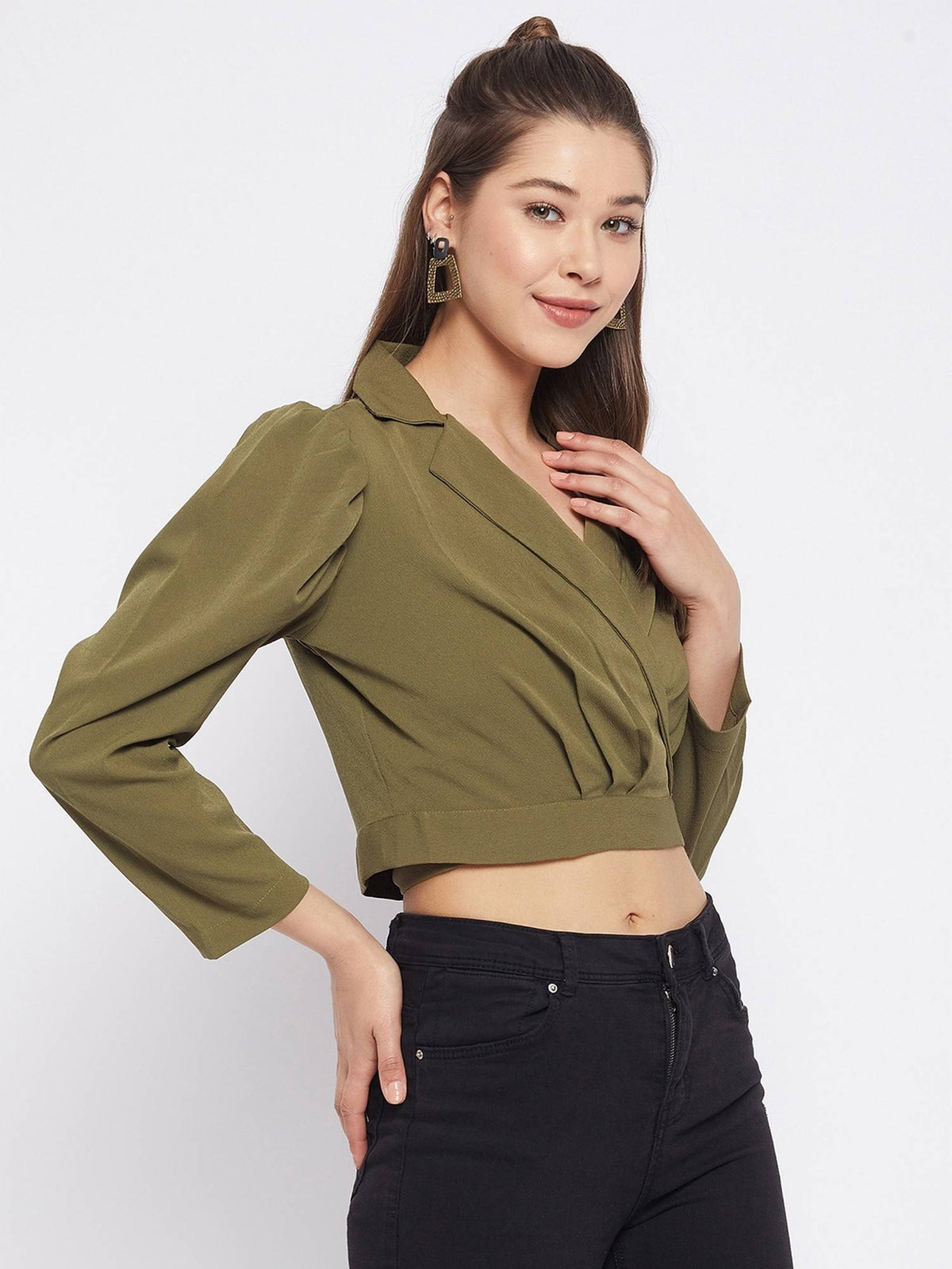 Women Olive Green Lapel Collar Wrap Tie Back Crop Top | CT61 - view 4