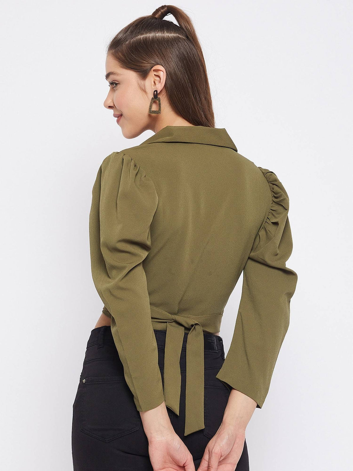 Women Olive Green Lapel Collar Wrap Tie Back Crop Top | CT61 - view 5