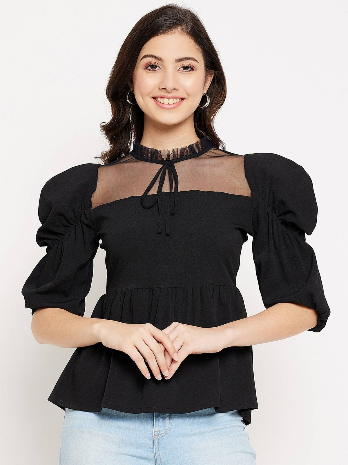Women Power Shoulder Net Neck Peplum Top | pt51 - view 1