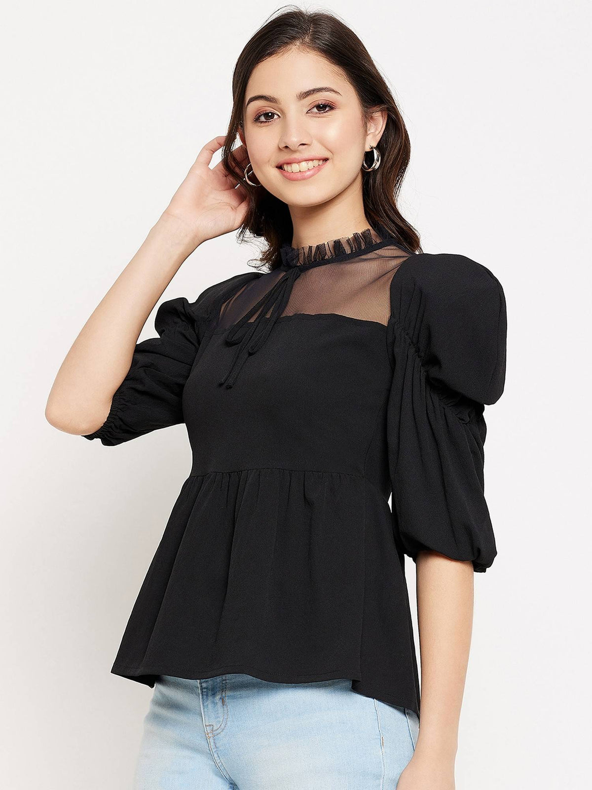 Women Power Shoulder Net Neck Peplum Top | pt51 - view 4