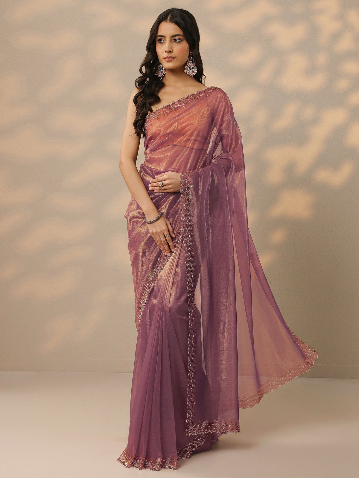 Libas Mauve Embellished Nylon Saree With Unstitched Blouse Piece S45
