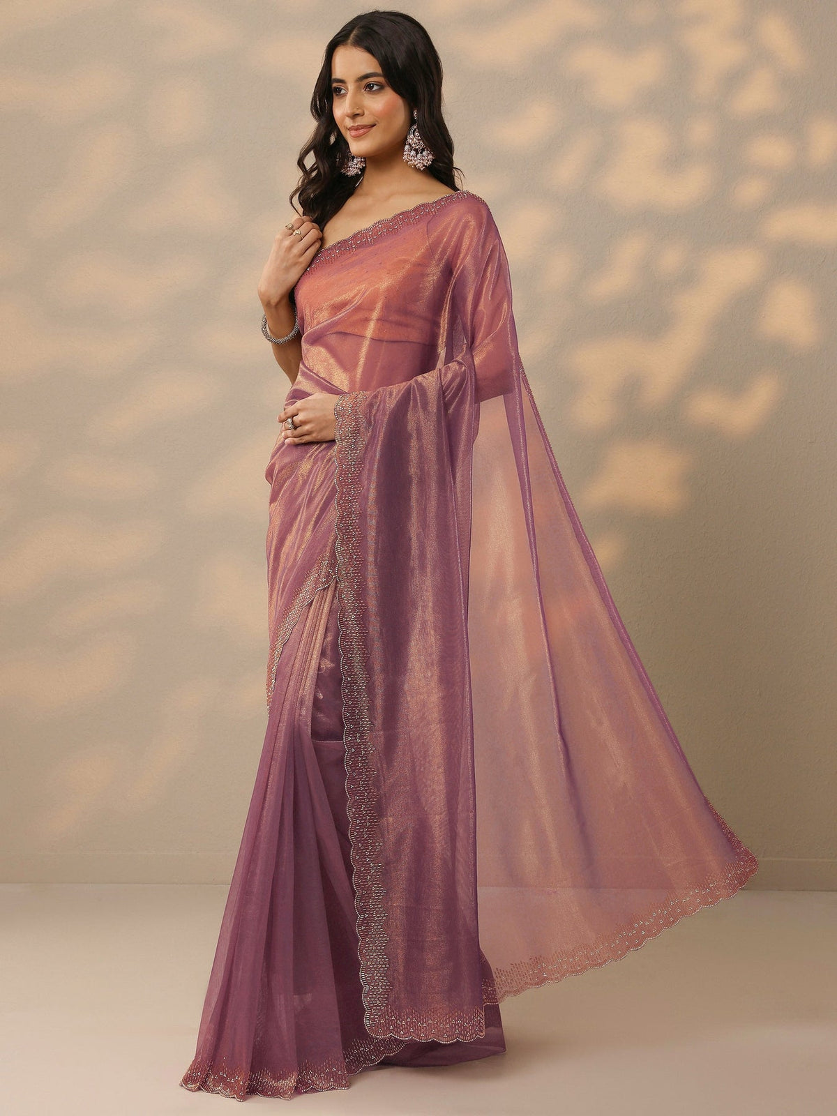 Libas Mauve Embellished Nylon Saree With Unstitched Blouse Piece S45