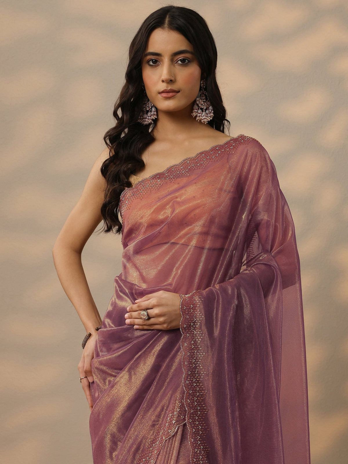Libas Mauve Embellished Nylon Saree With Unstitched Blouse Piece S45