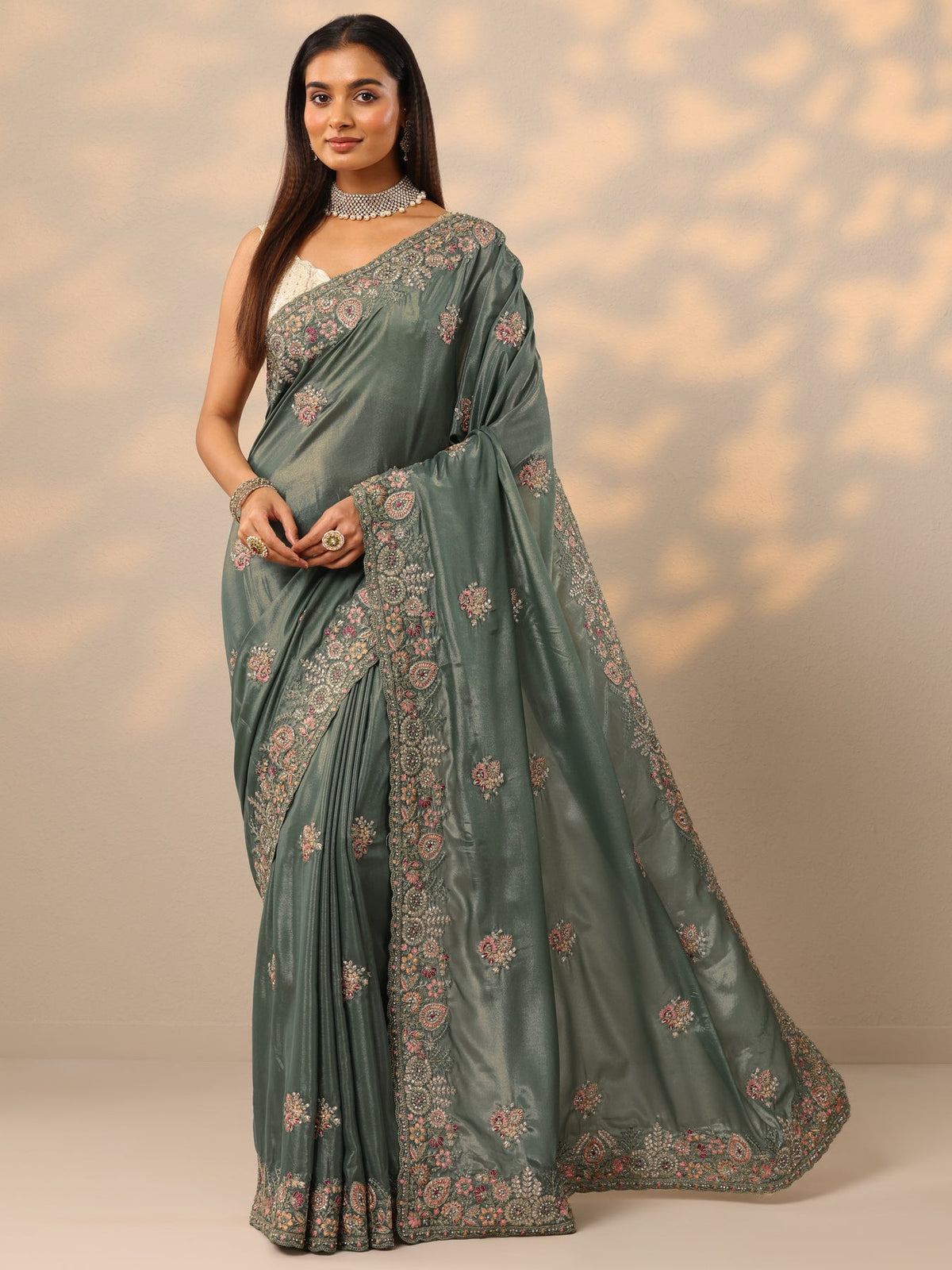 Libas Green Embroidered Crepe Saree With Unstitched Blouse Piece S45
