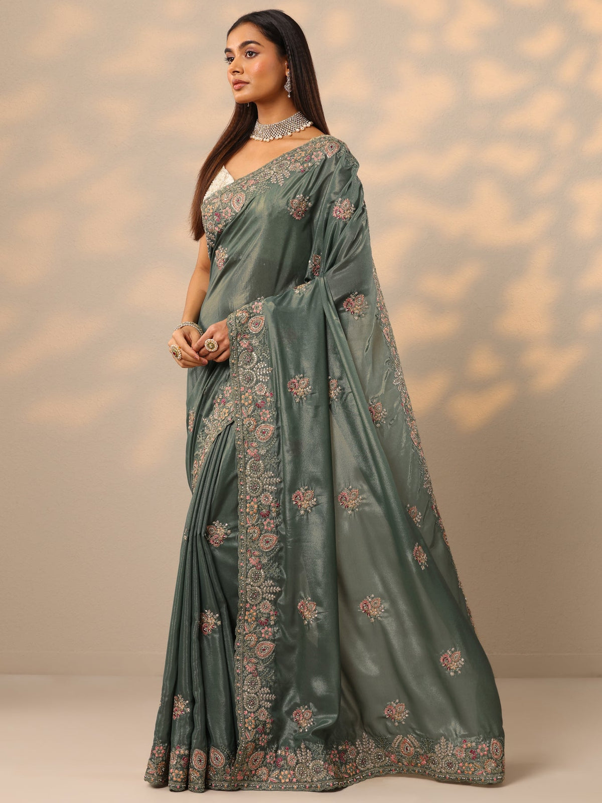 Libas Green Embroidered Crepe Saree With Unstitched Blouse Piece S45