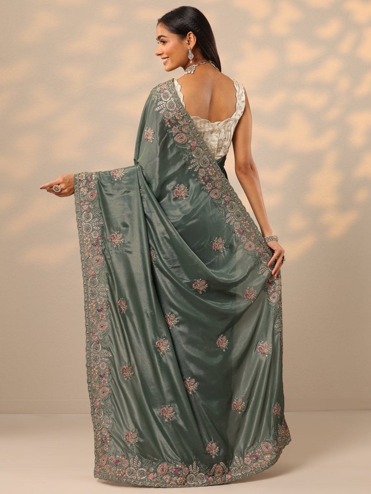 Libas Green Embroidered Crepe Saree With Unstitched Blouse Piece S45