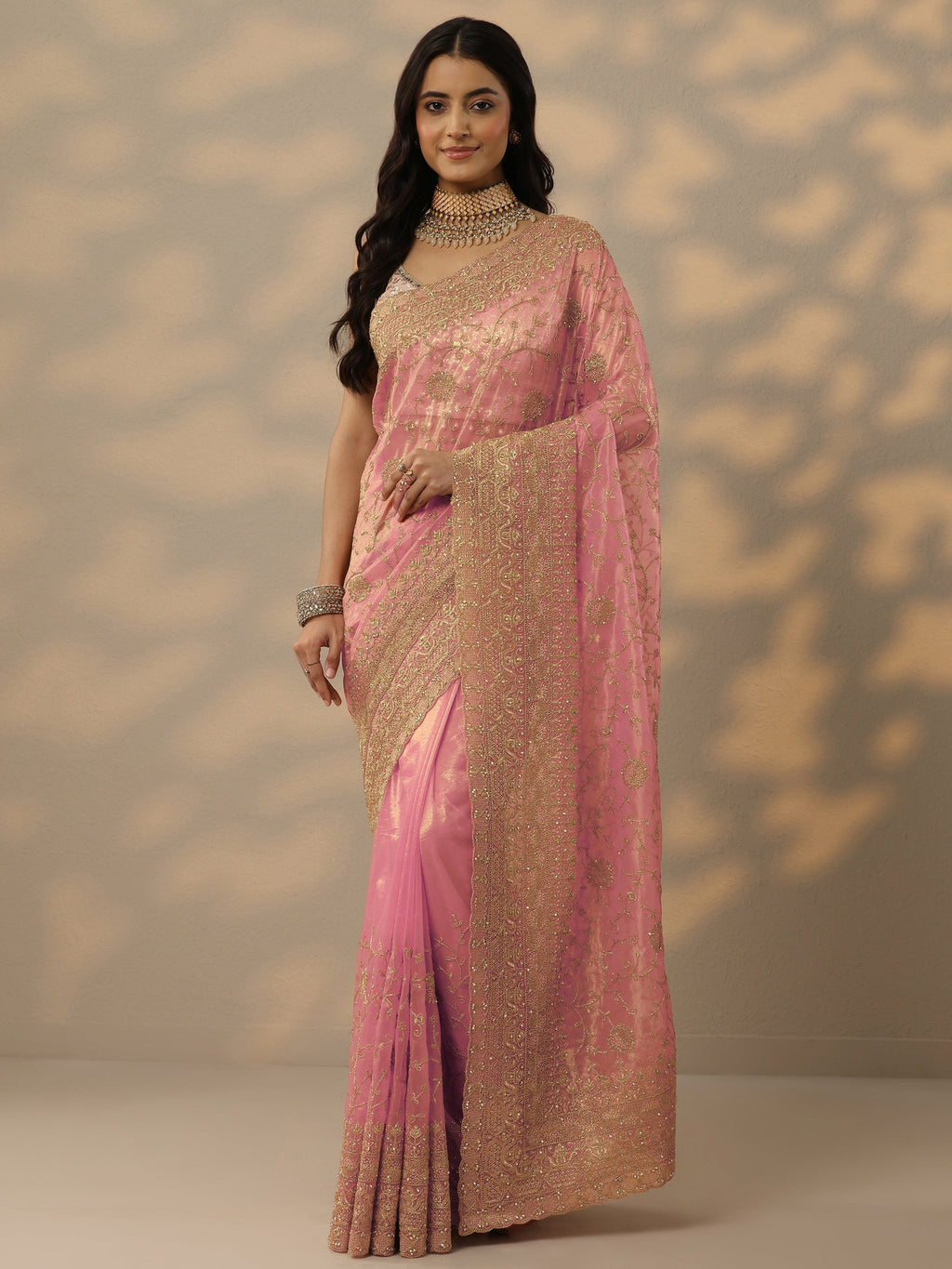 Libas Peach Embroidered Nylon Saree With Unstitched Blouse Piece