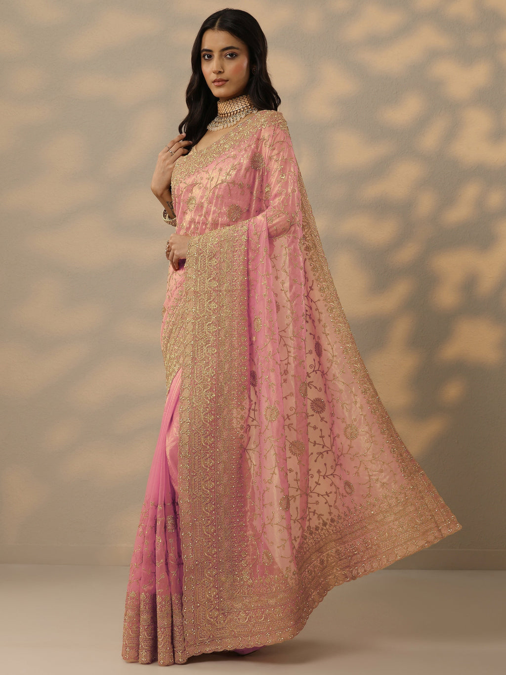 Libas Peach Embroidered Nylon Saree With Unstitched Blouse Piece