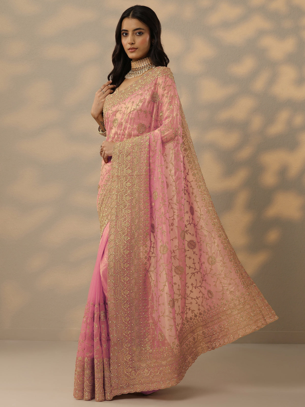 Libas Peach Embroidered Nylon Saree With Unstitched Blouse Piece