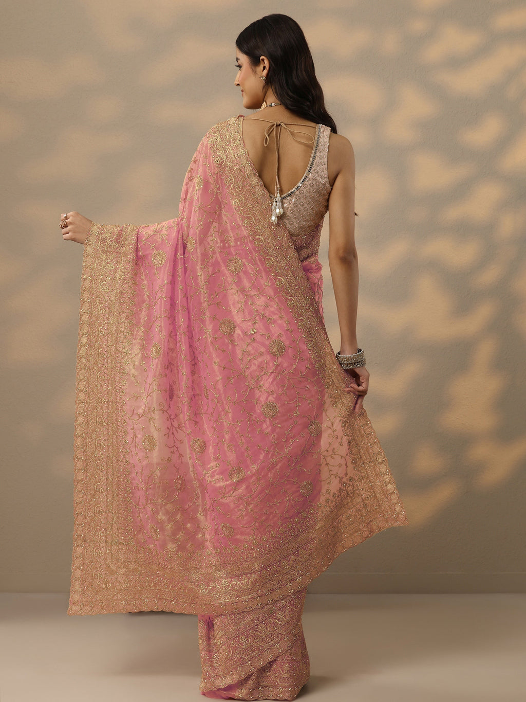 Libas Peach Embroidered Nylon Saree With Unstitched Blouse Piece
