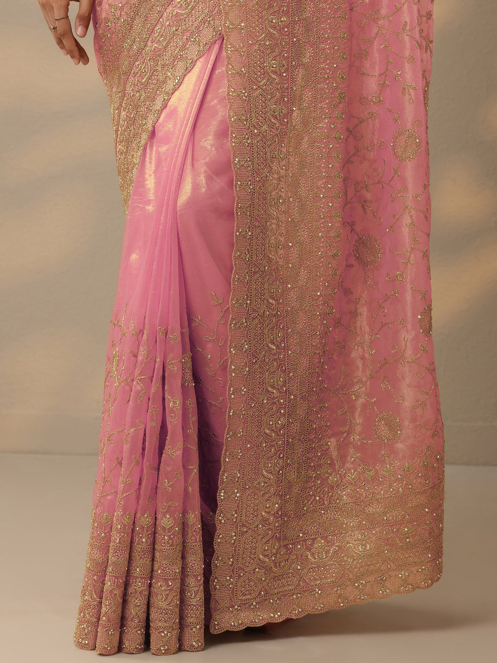 Libas Peach Embroidered Nylon Saree With Unstitched Blouse Piece