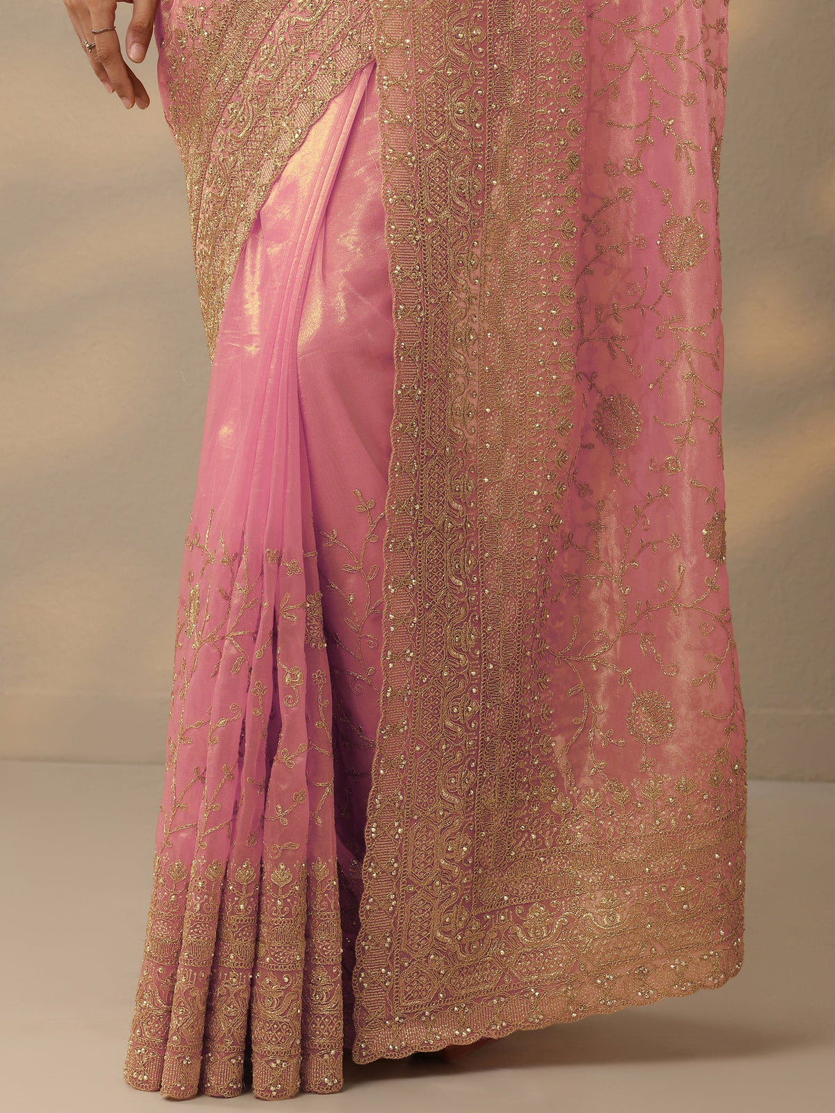 Libas Peach Embroidered Nylon Saree With Unstitched Blouse Piece