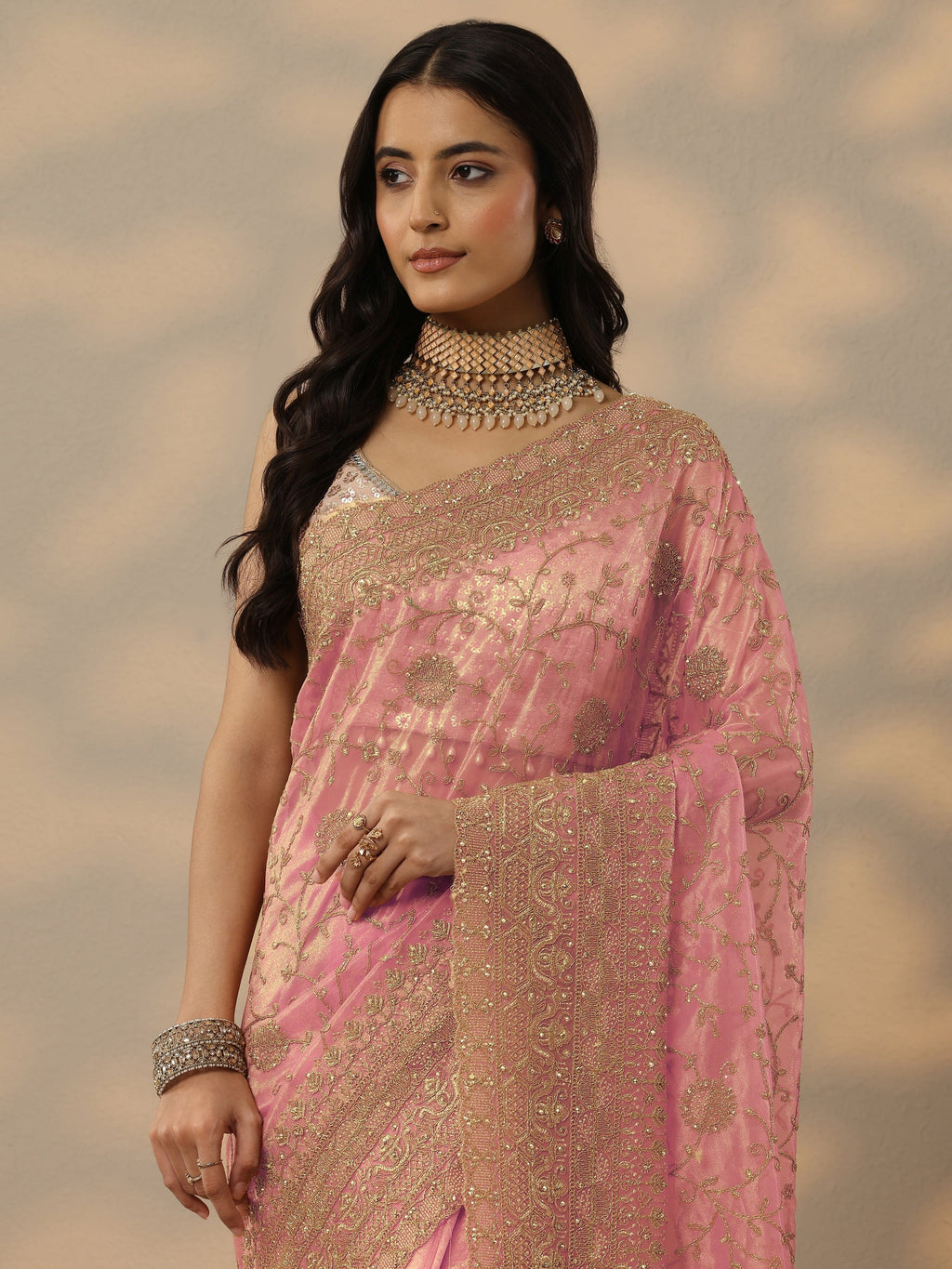 Libas Peach Embroidered Nylon Saree With Unstitched Blouse Piece