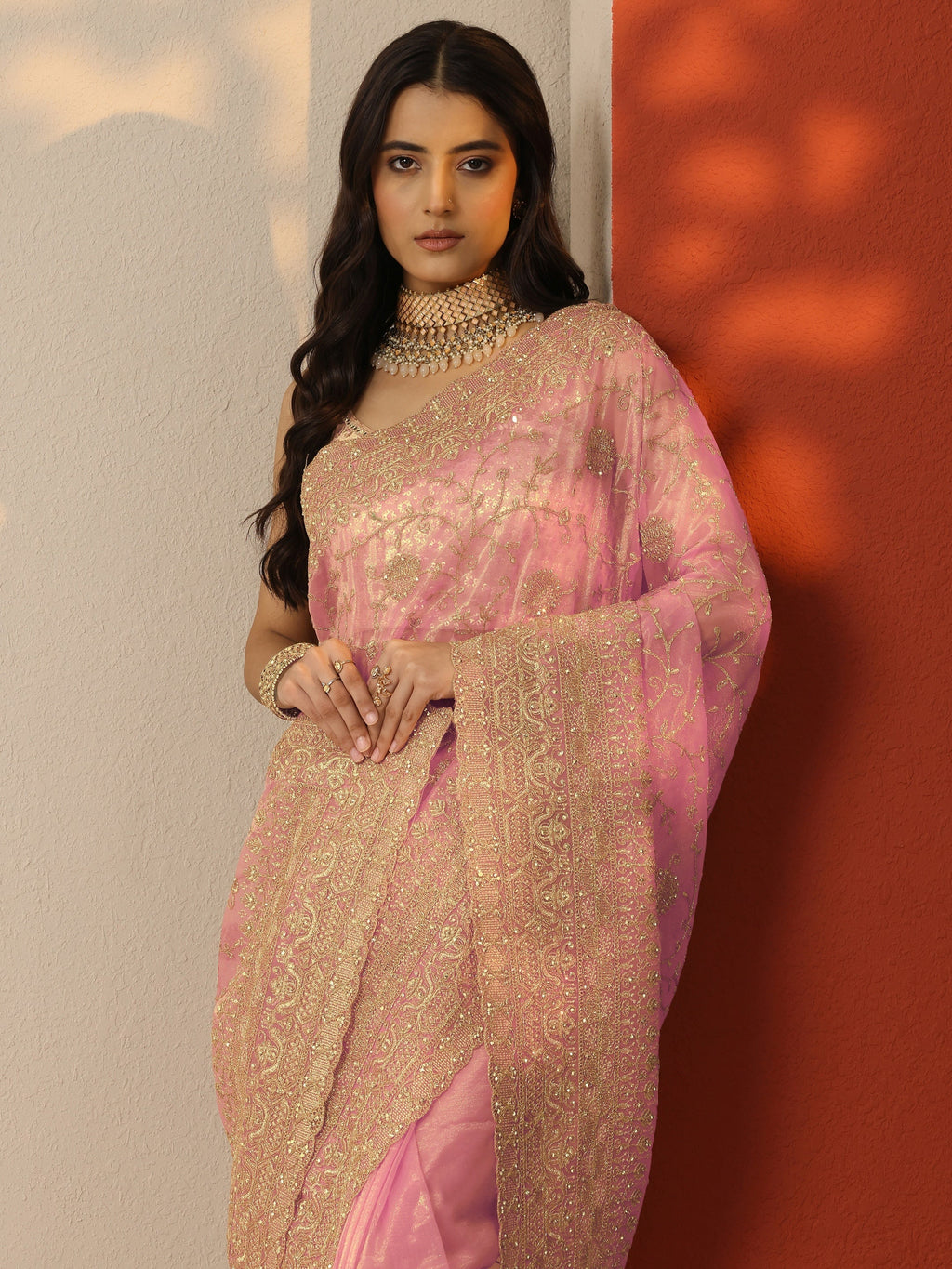 Libas Peach Embroidered Nylon Saree With Unstitched Blouse Piece
