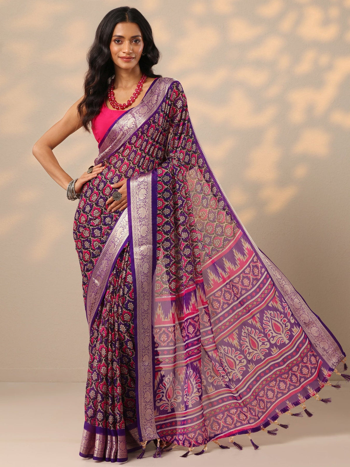 Libas Purple Printed Georgette Saree With Unstitched Blouse Piece S45
