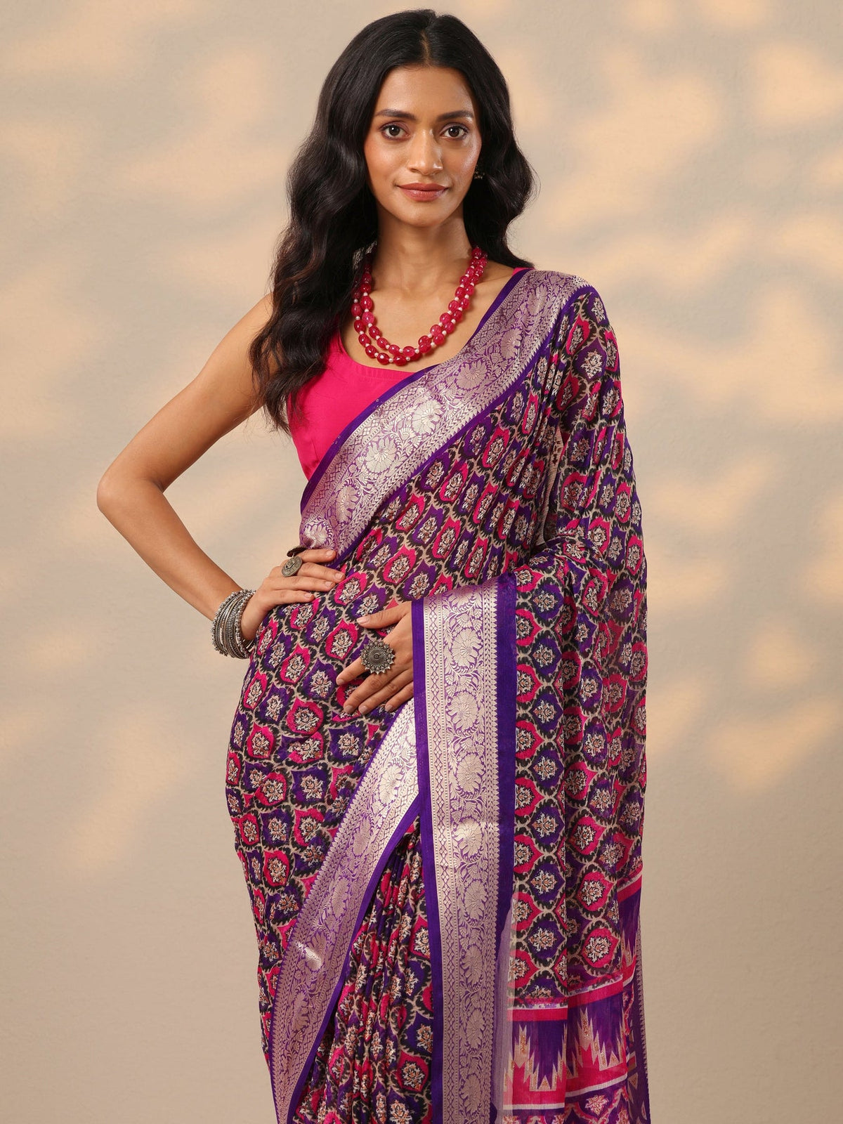 Libas Purple Printed Georgette Saree With Unstitched Blouse Piece S45