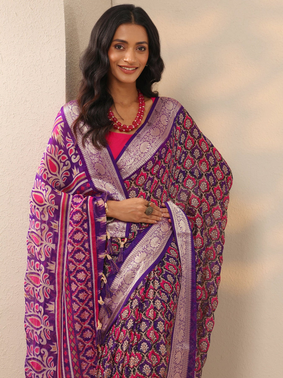 Libas Purple Printed Georgette Saree With Unstitched Blouse Piece S45