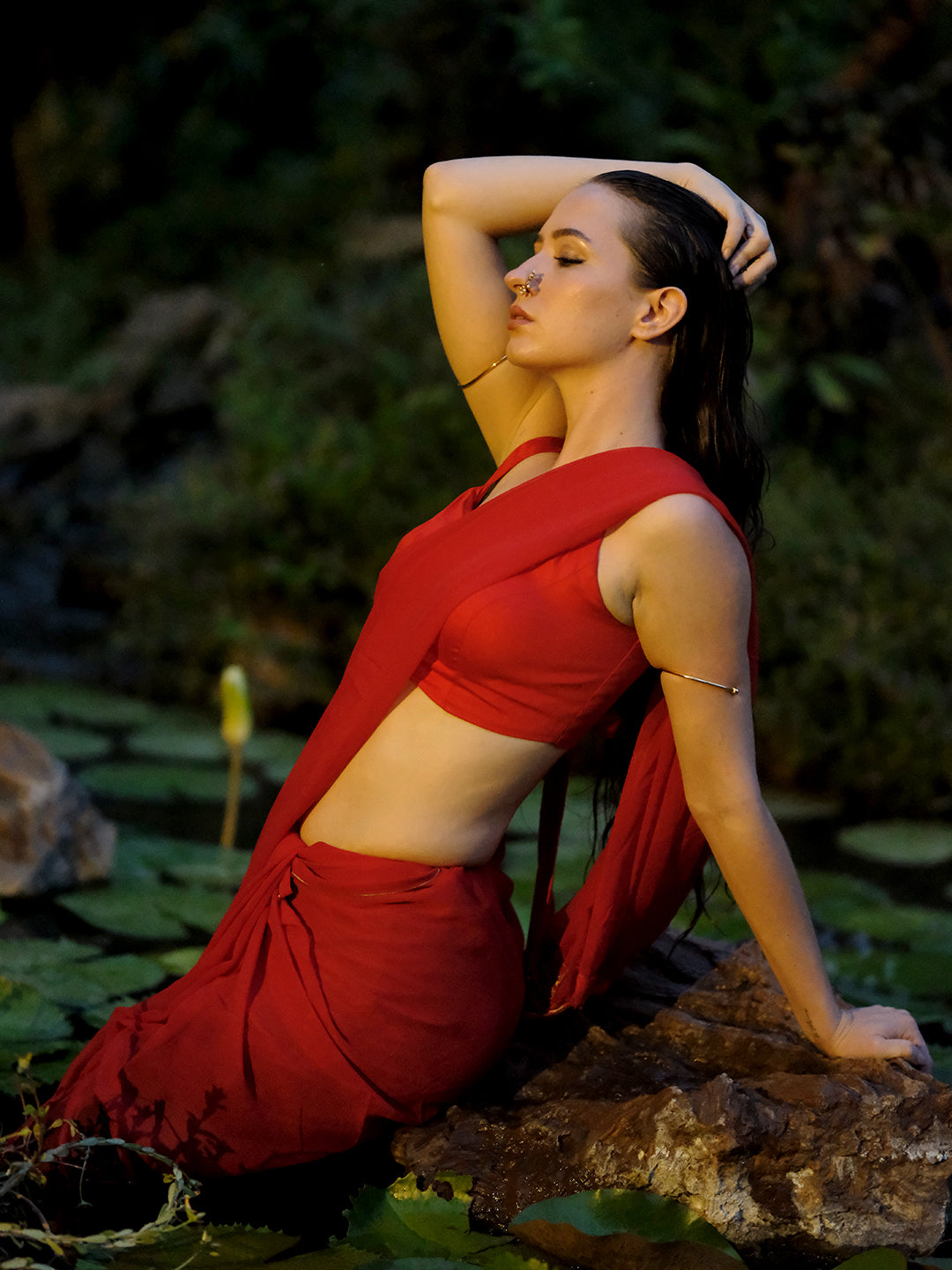 Libas Red Solid Georgette Saree With Unstitched Blouse Piece