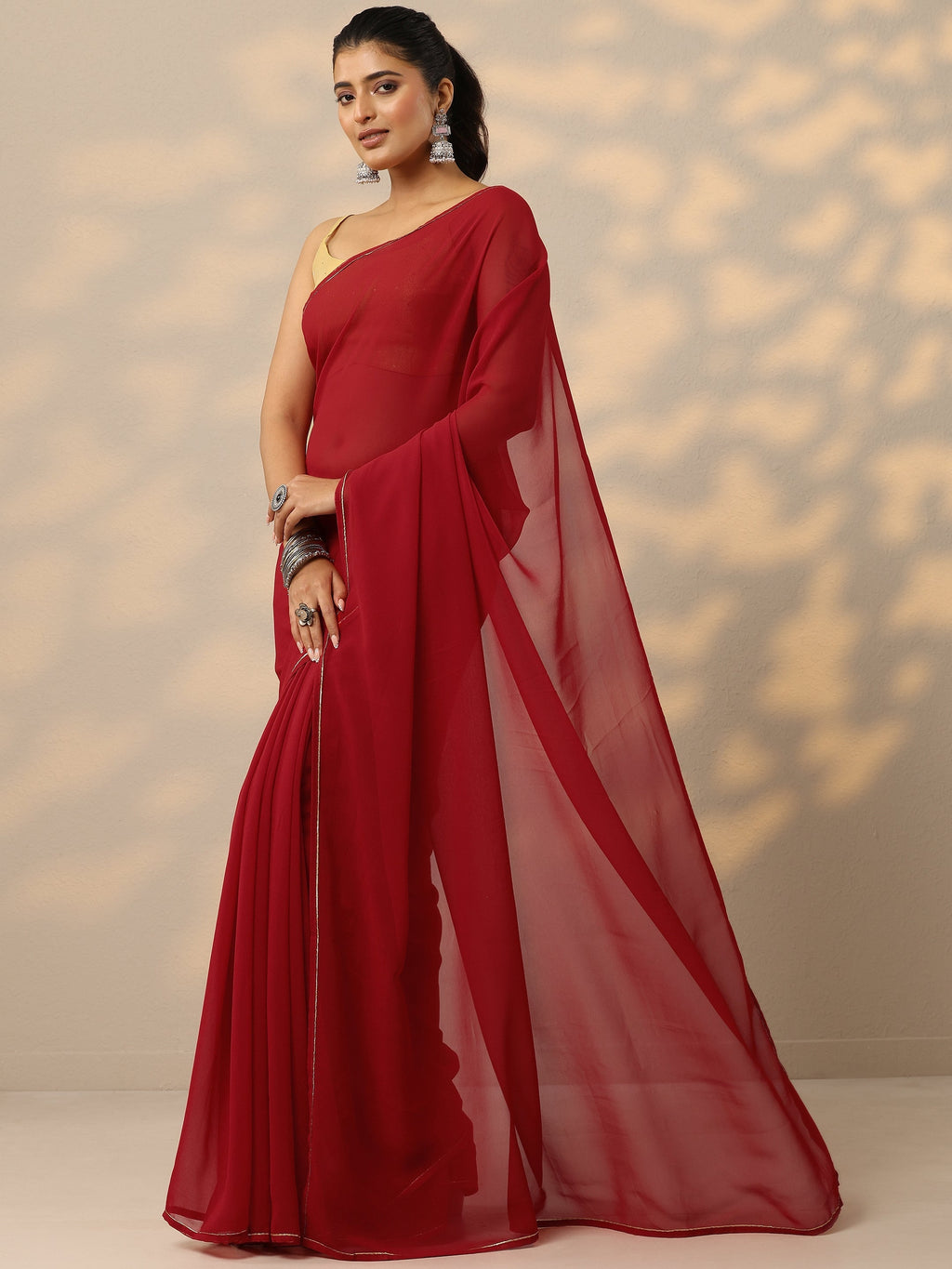 Libas Red Solid Georgette Saree With Unstitched Blouse Piece