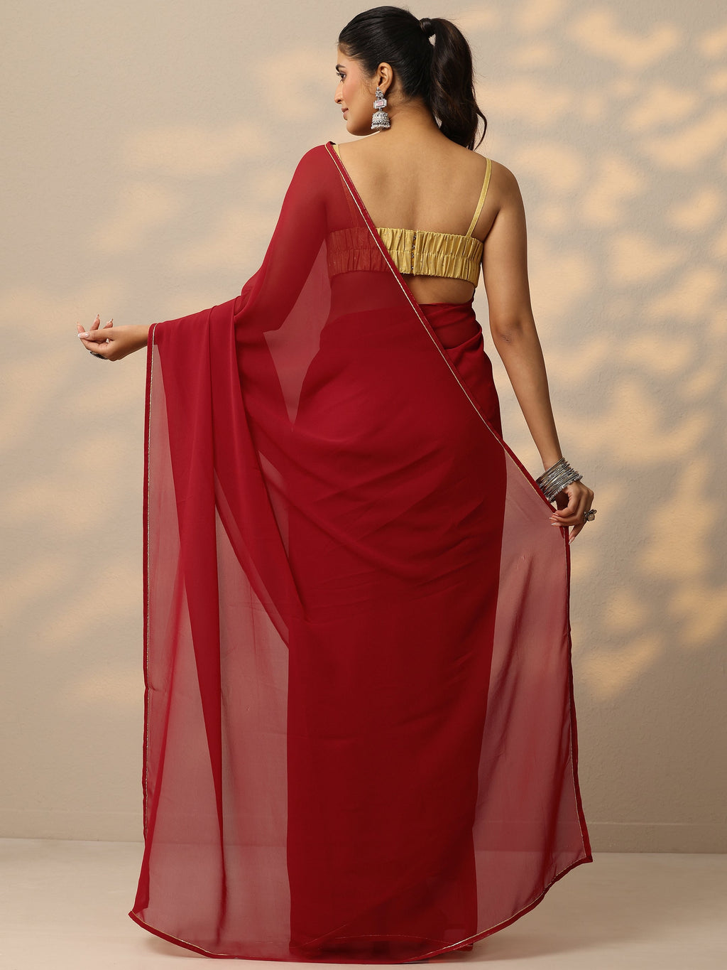 Libas Red Solid Georgette Saree With Unstitched Blouse Piece