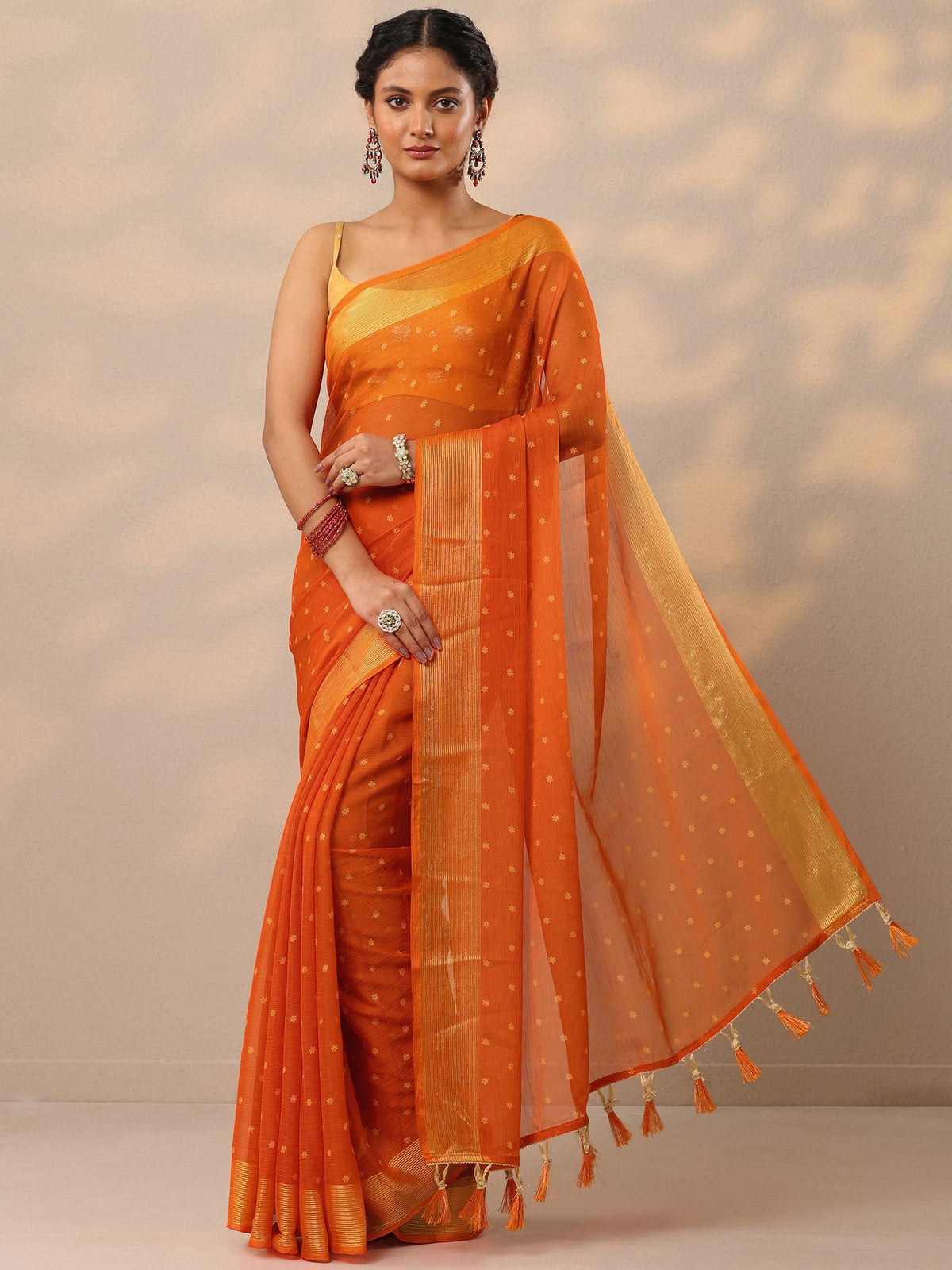 Libas Orange Printed Chiffon Saree With Unstitched Blouse Piece S45