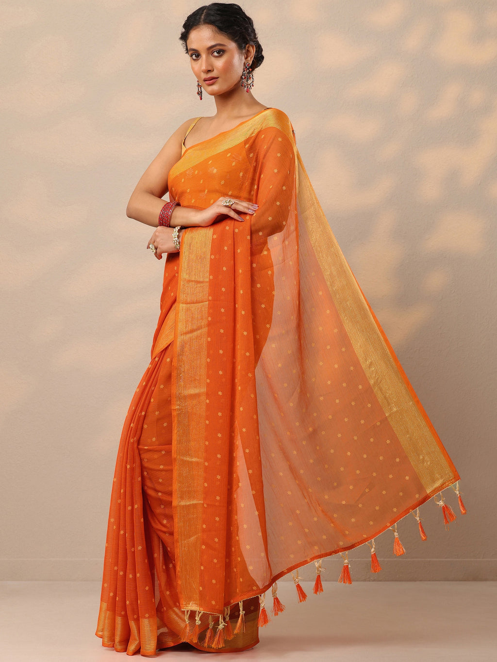 Libas Orange Printed Chiffon Saree With Unstitched Blouse Piece