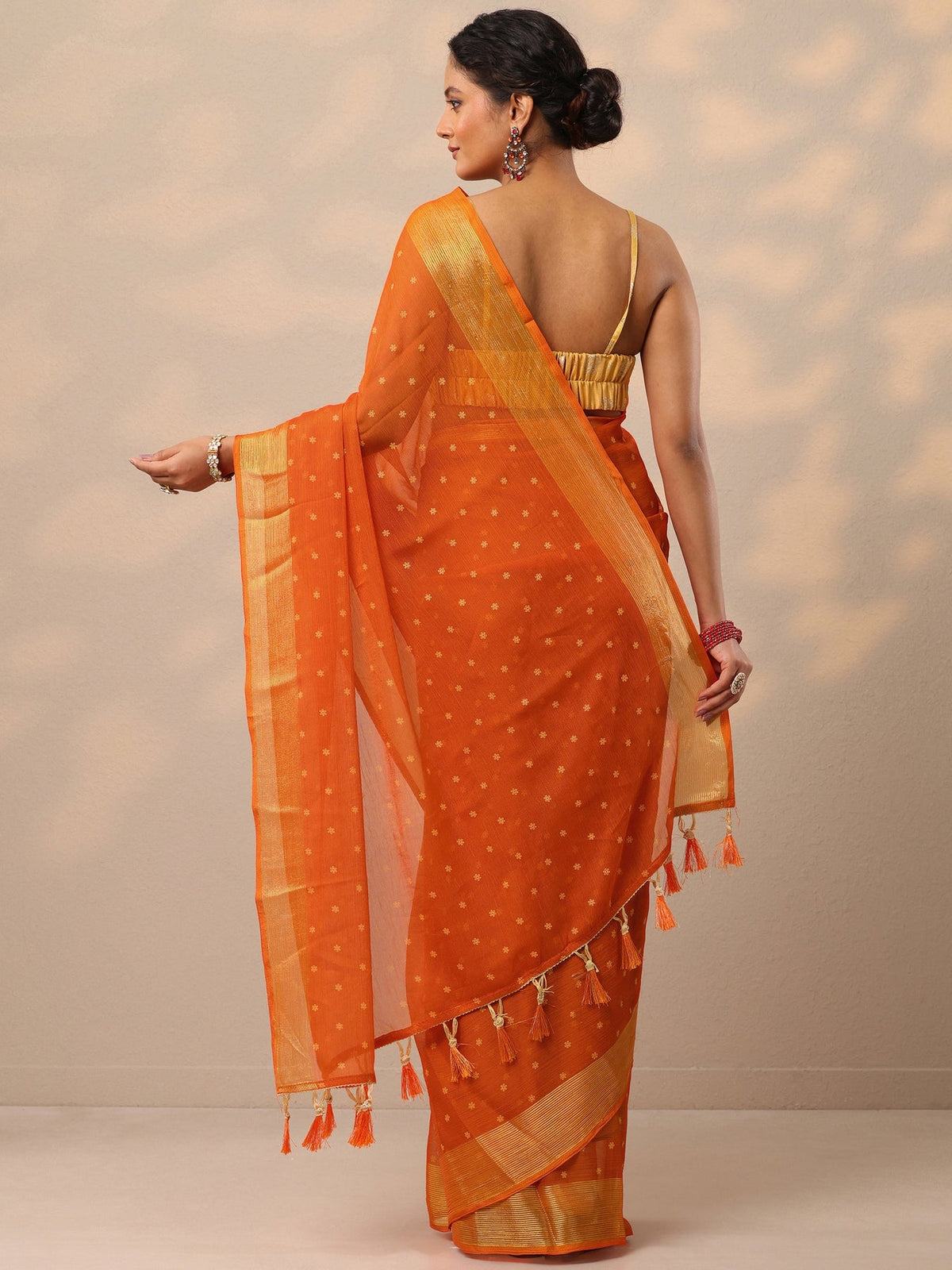 Libas Orange Printed Chiffon Saree With Unstitched Blouse Piece S45