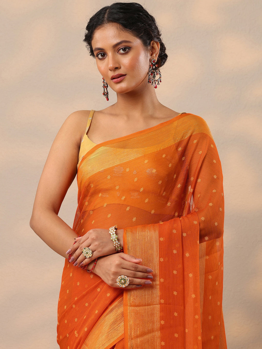 Libas Orange Printed Chiffon Saree With Unstitched Blouse Piece