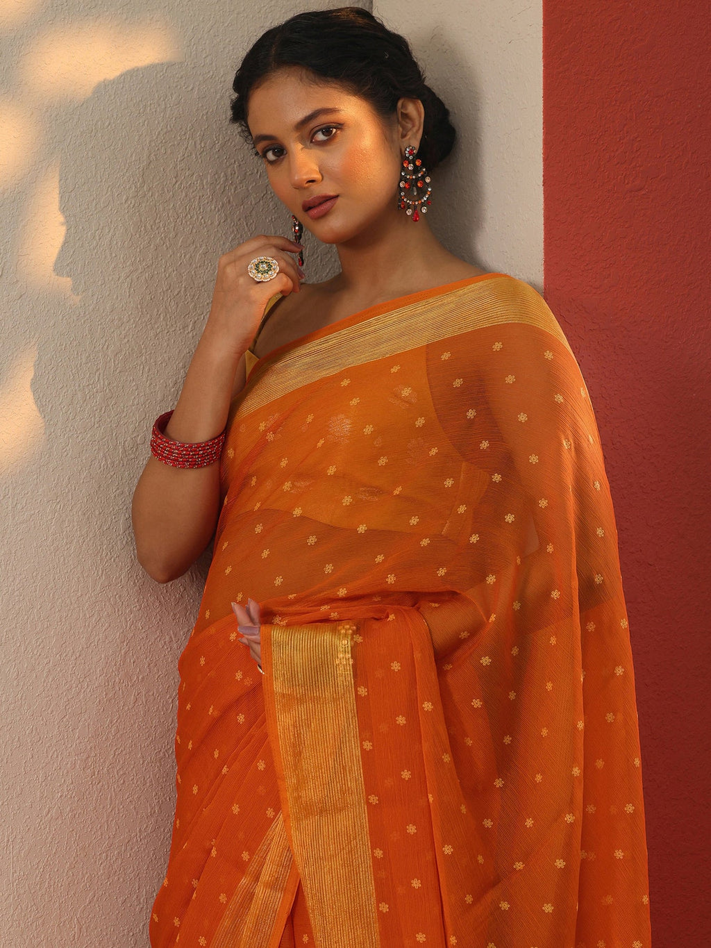 Libas Orange Printed Chiffon Saree With Unstitched Blouse Piece S45