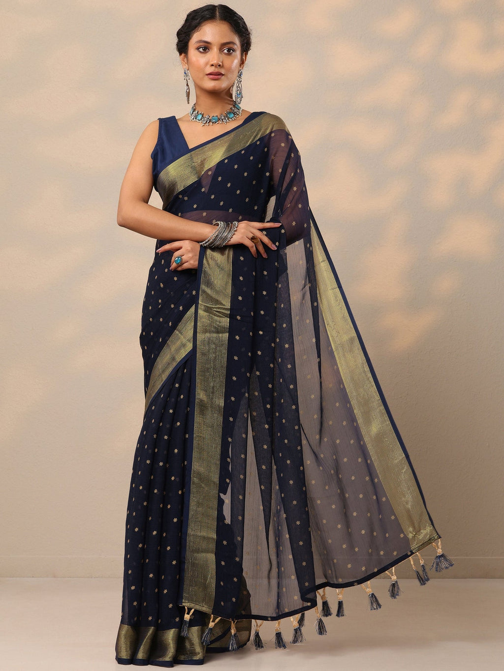 Libas Blue Printed Chiffon Saree With Unstitched Blouse Piece S45