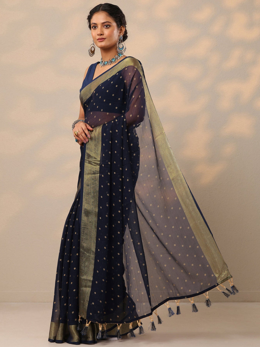 Libas Blue Printed Chiffon Saree With Unstitched Blouse Piece S45