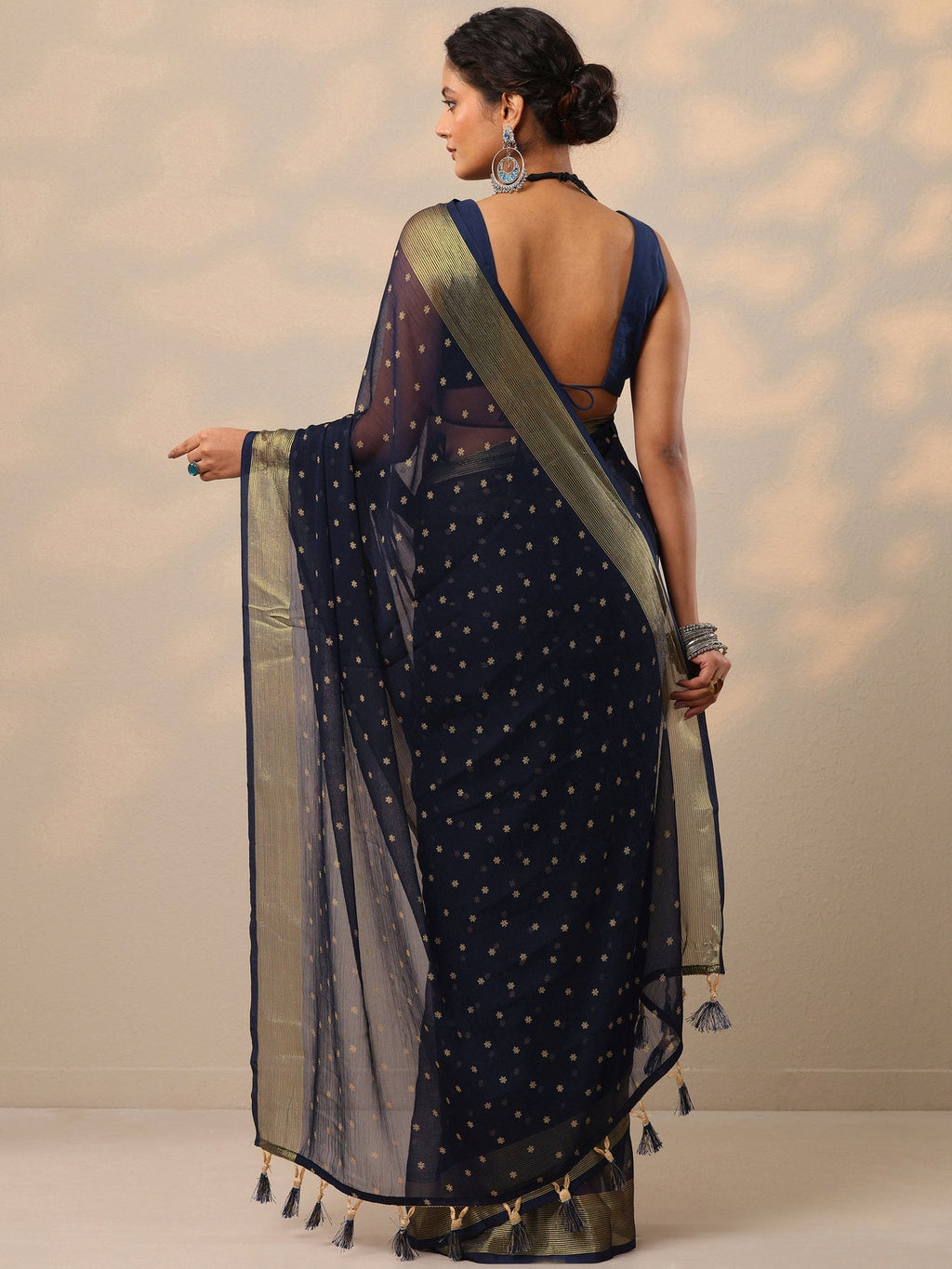 Libas Blue Printed Chiffon Saree With Unstitched Blouse Piece S45