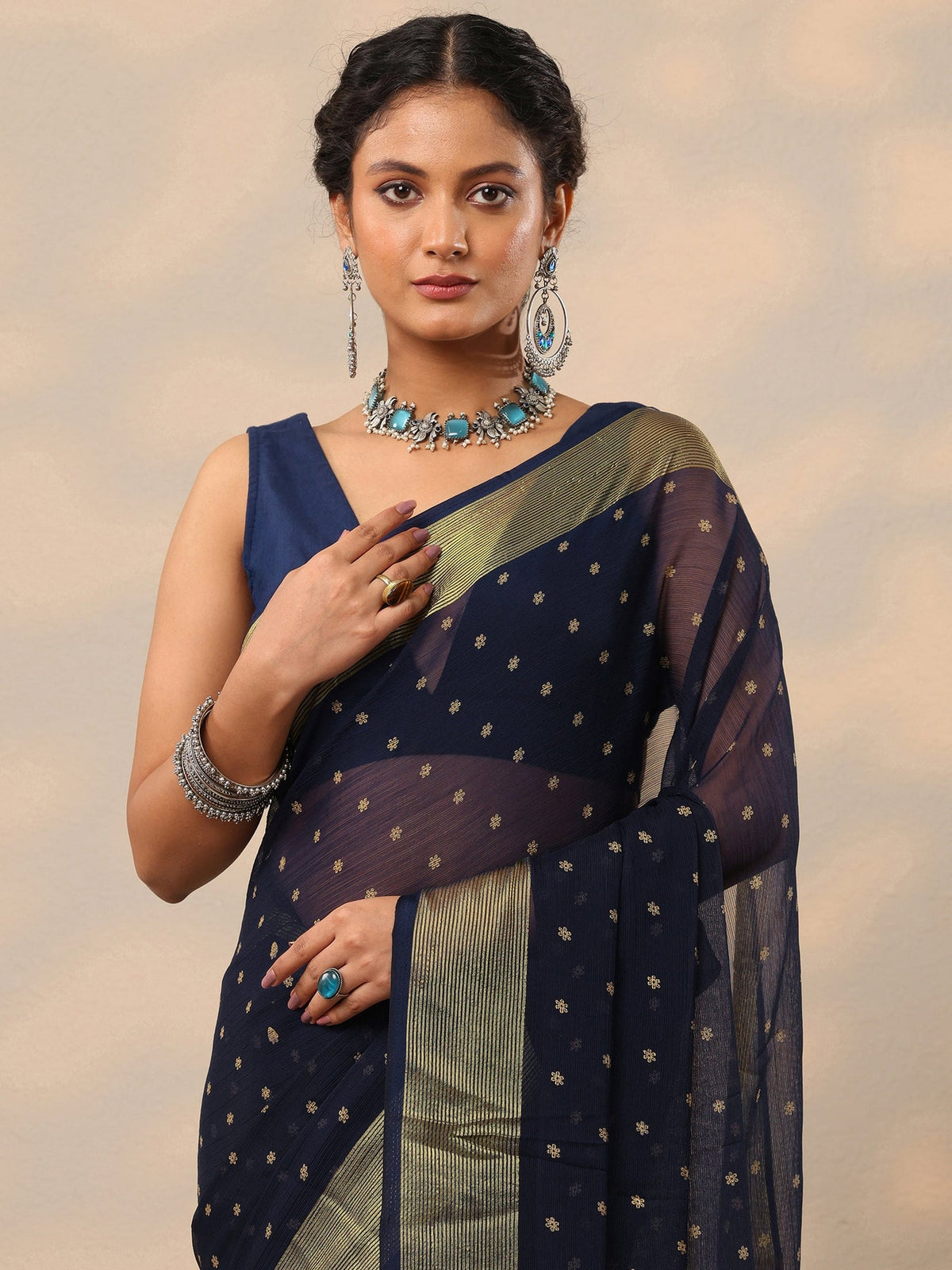 Libas Blue Printed Chiffon Saree With Unstitched Blouse Piece S45