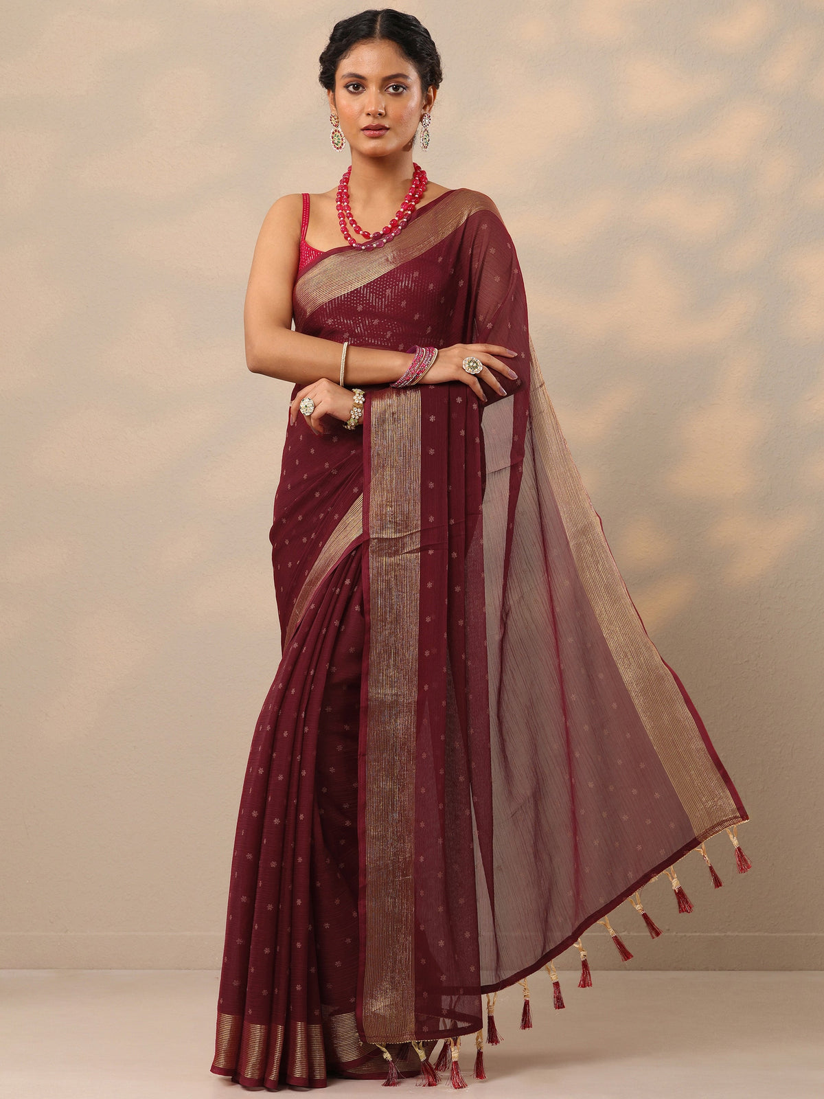 Libas Wine Printed Chiffon Saree With Unstitched Blouse Piece