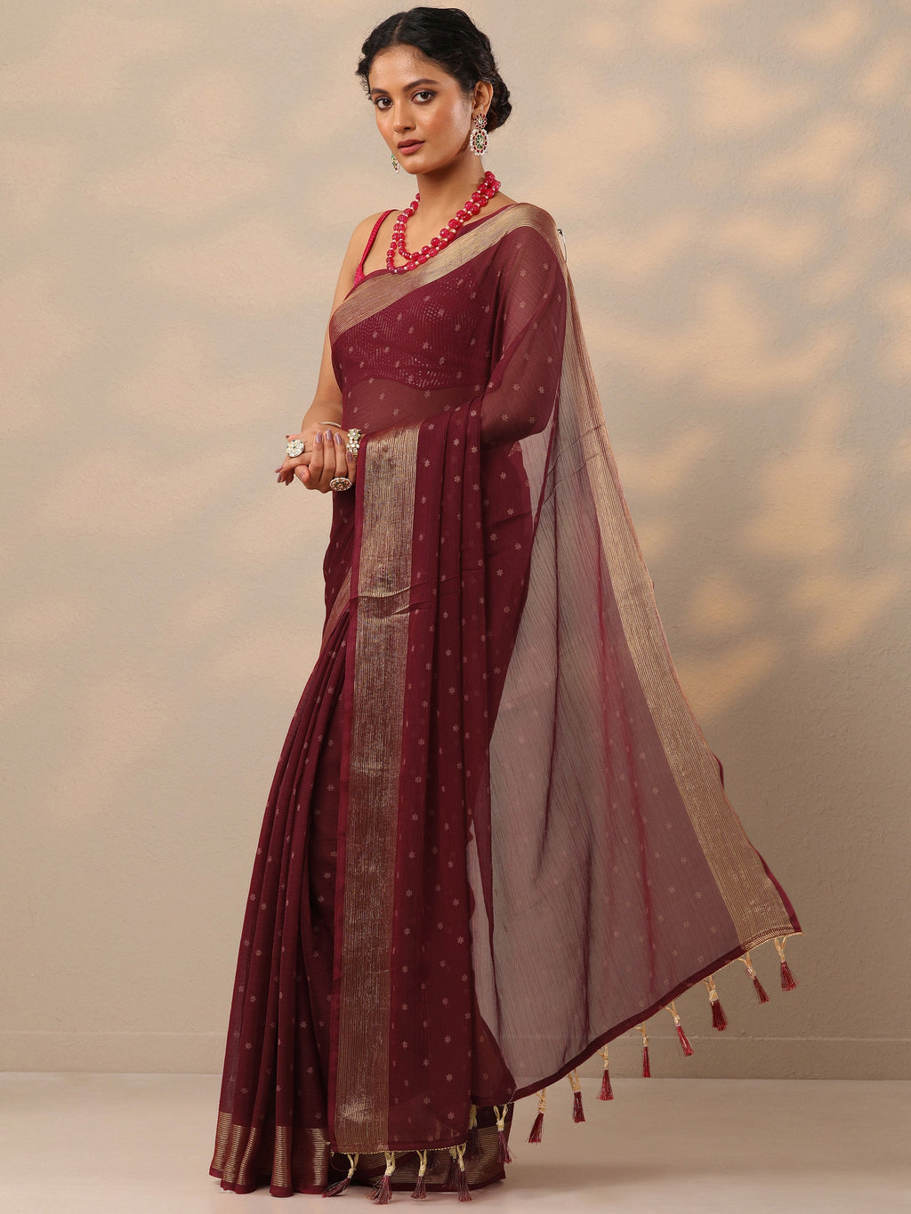 Libas Wine Printed Chiffon Saree With Unstitched Blouse Piece