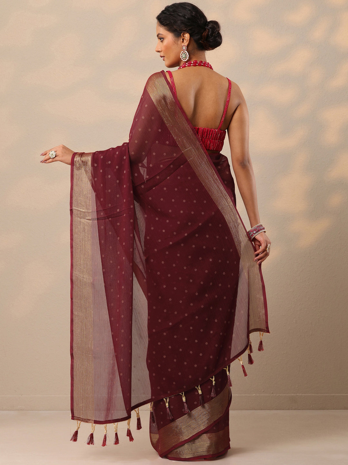 Libas Wine Printed Chiffon Saree With Unstitched Blouse Piece