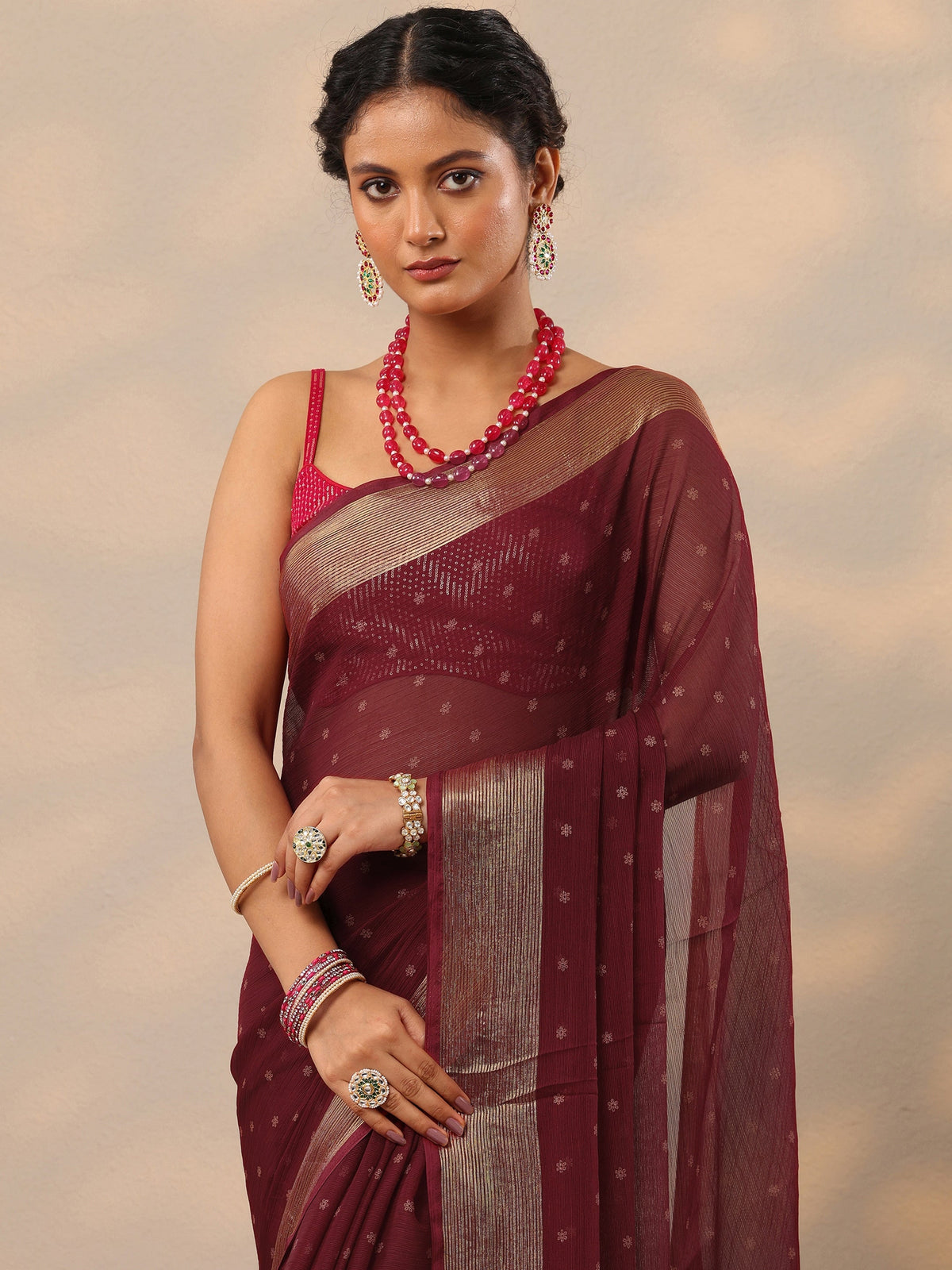 Libas Wine Printed Chiffon Saree With Unstitched Blouse Piece